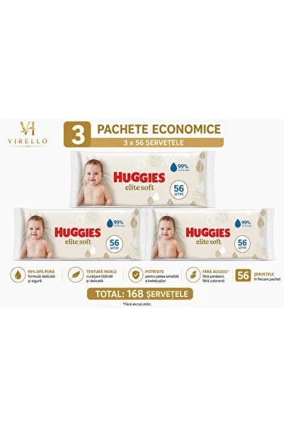 Set 3 pachete Șervețele Umede Elite Soft, 56 buc/pachet, 168 șervețele