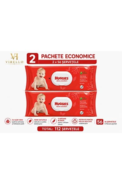 Set 2 pachete Șervețele Umede Ultra Comfort cu Aloe Vera, 56 buc/pachet, 112 buc