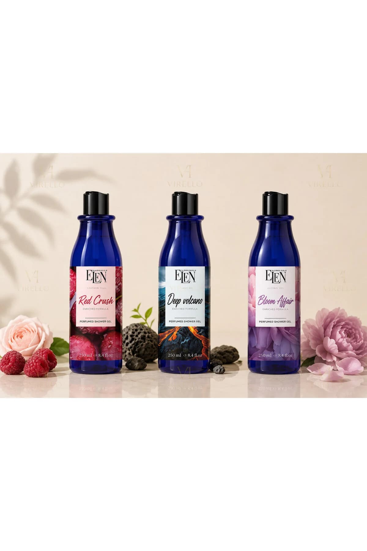 Set 3 Geluri de Duș Parfumate ELEN, Red Crush, Deep Volcano & Bloom Affair, 250 ml/buc – 750 ml