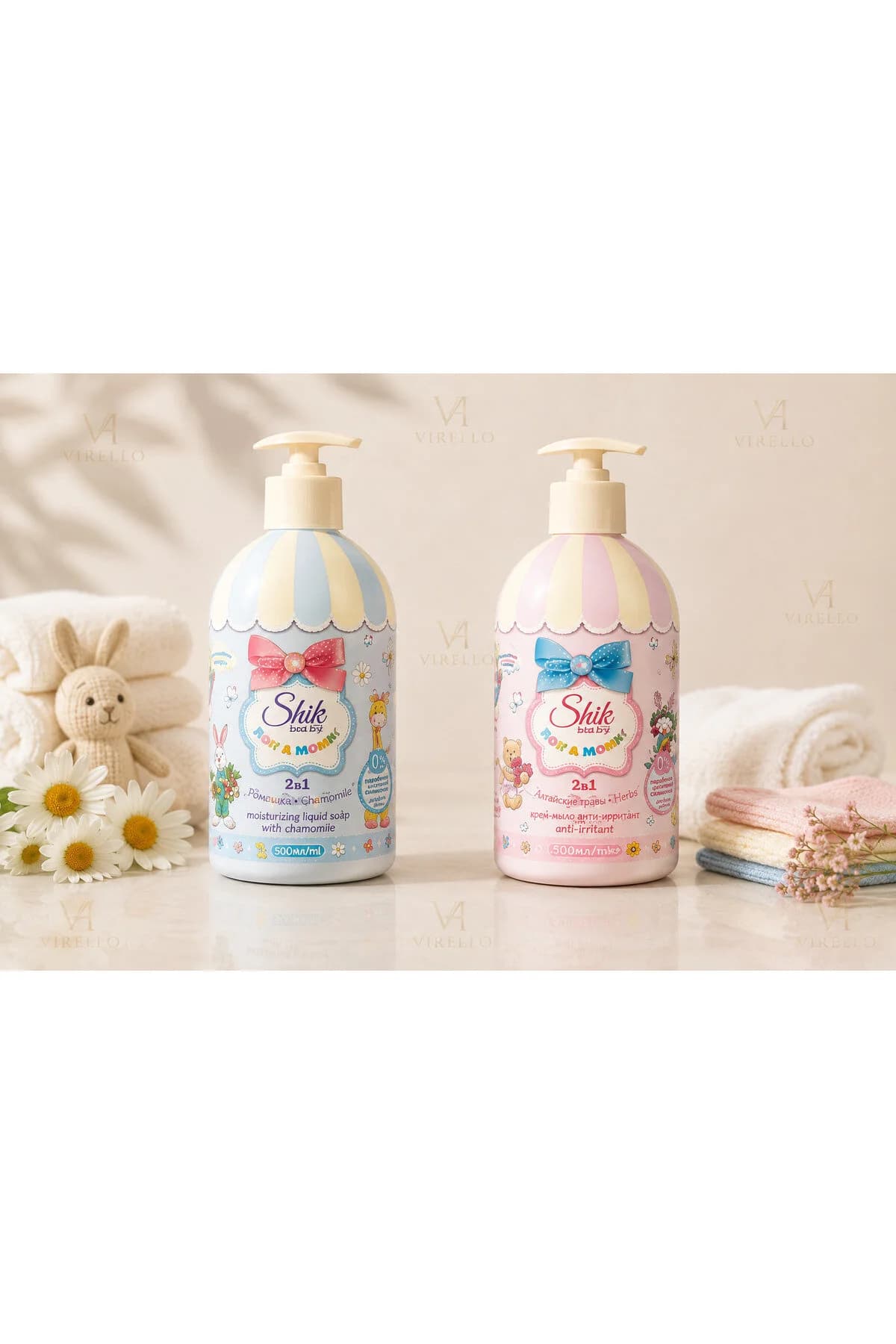 Set 2 Săpunuri Lichide Baby, Hidratant cu Mușețel & Cremă Anti-Iritantă, 500 ml/buc – 1 L