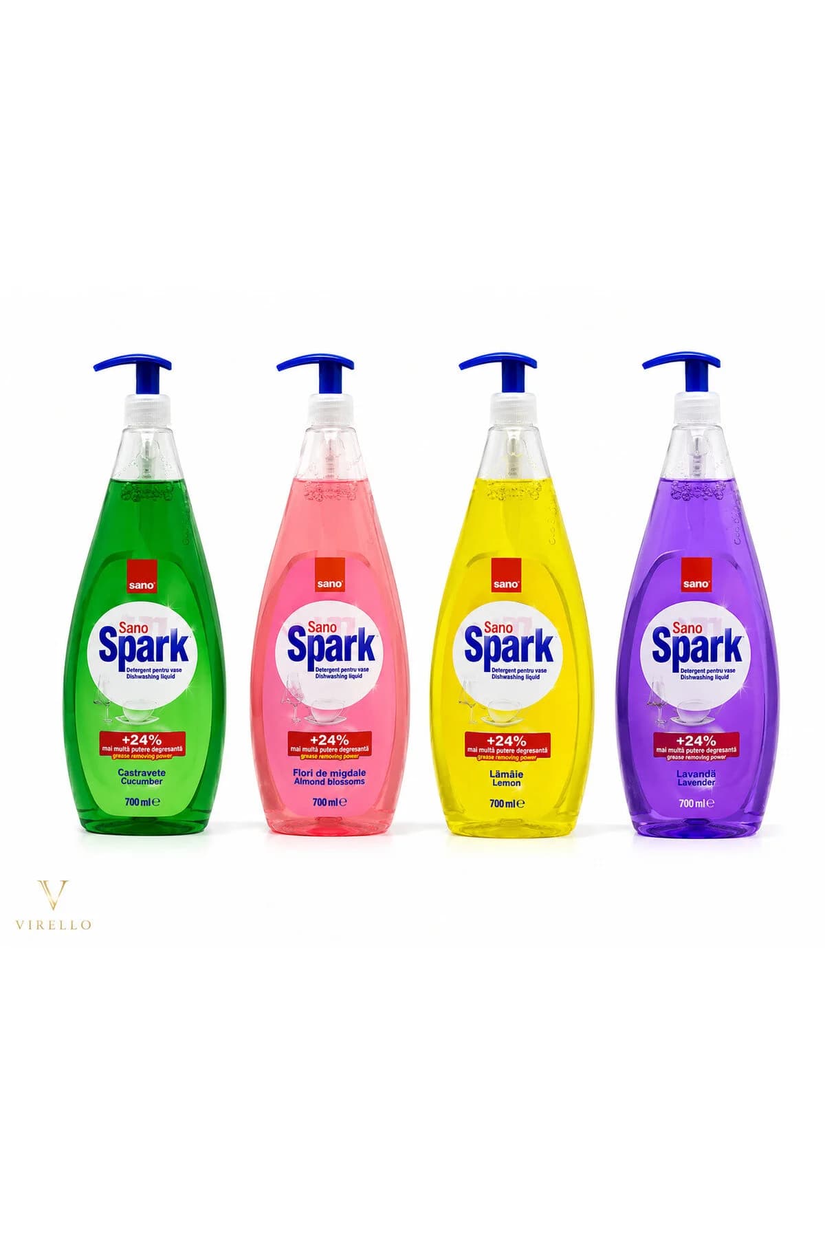 Set 4 Detergenți de Vase Sano Spark, Castravete, Flori de Migdale, Lămâie și Lavandă, 700 ml/buc – 2,8 L
