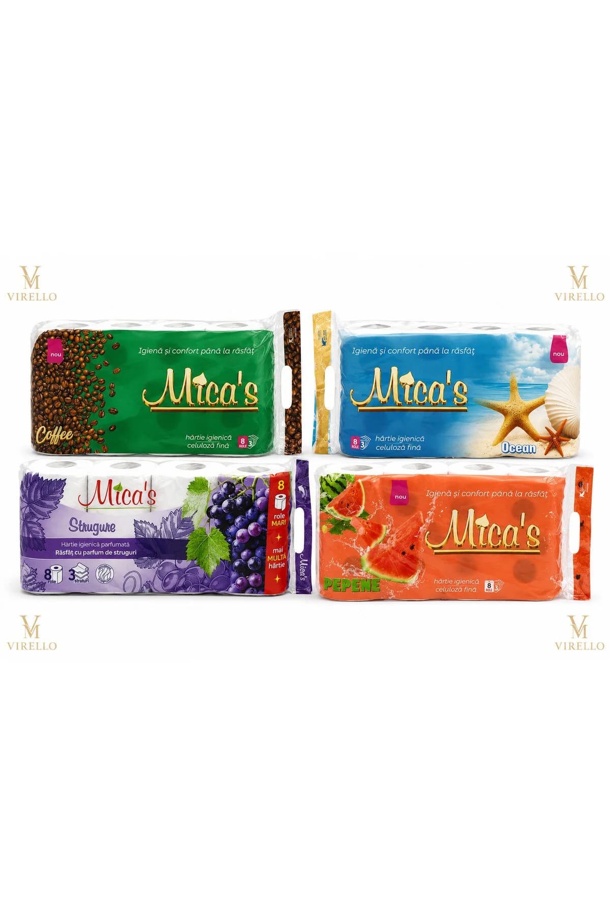 Set 4 Pachete Hârtie Igienică Parfumată Mica’s – Coffee, Ocean, Strugure și Pepene, 8 Role/Pachet