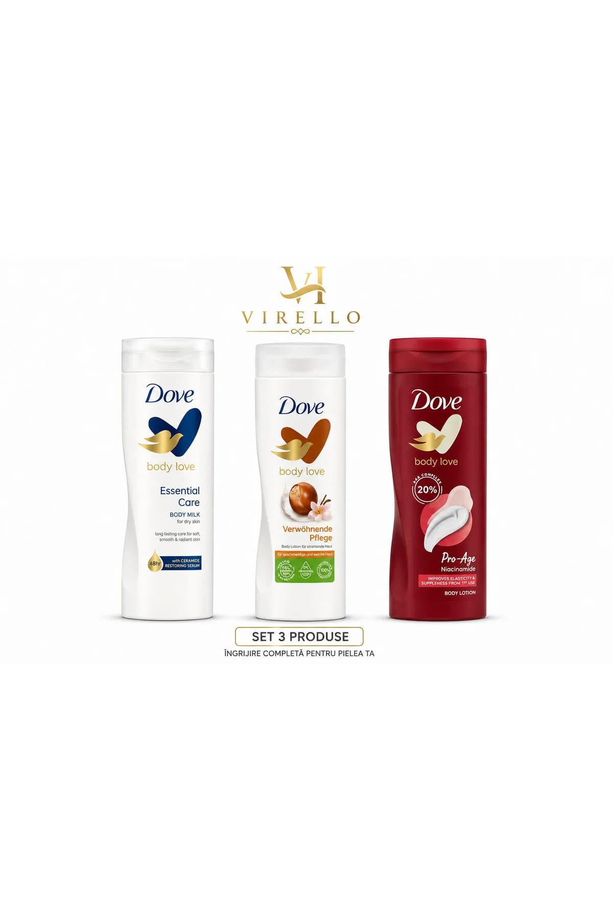 Set 3 x 400 ml Loțiune de Corp Body Love, Essential Care, Nourishing Care & Pro-Age Niacinamide