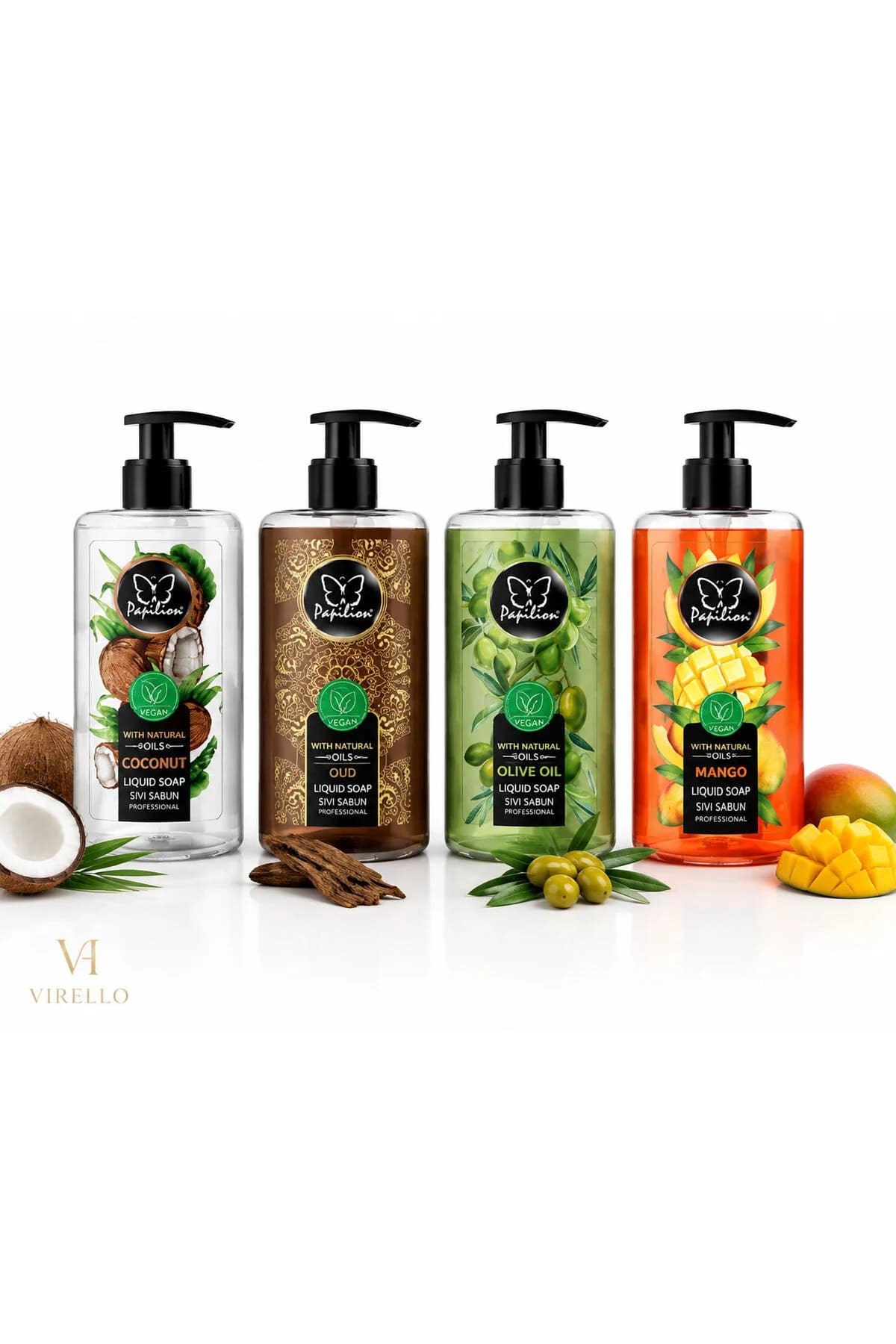 Set 4 Săpunuri Lichide Papilion, Coconut, Oud, Olive Oil & Mango, 400 ml/buc – 1,6 L