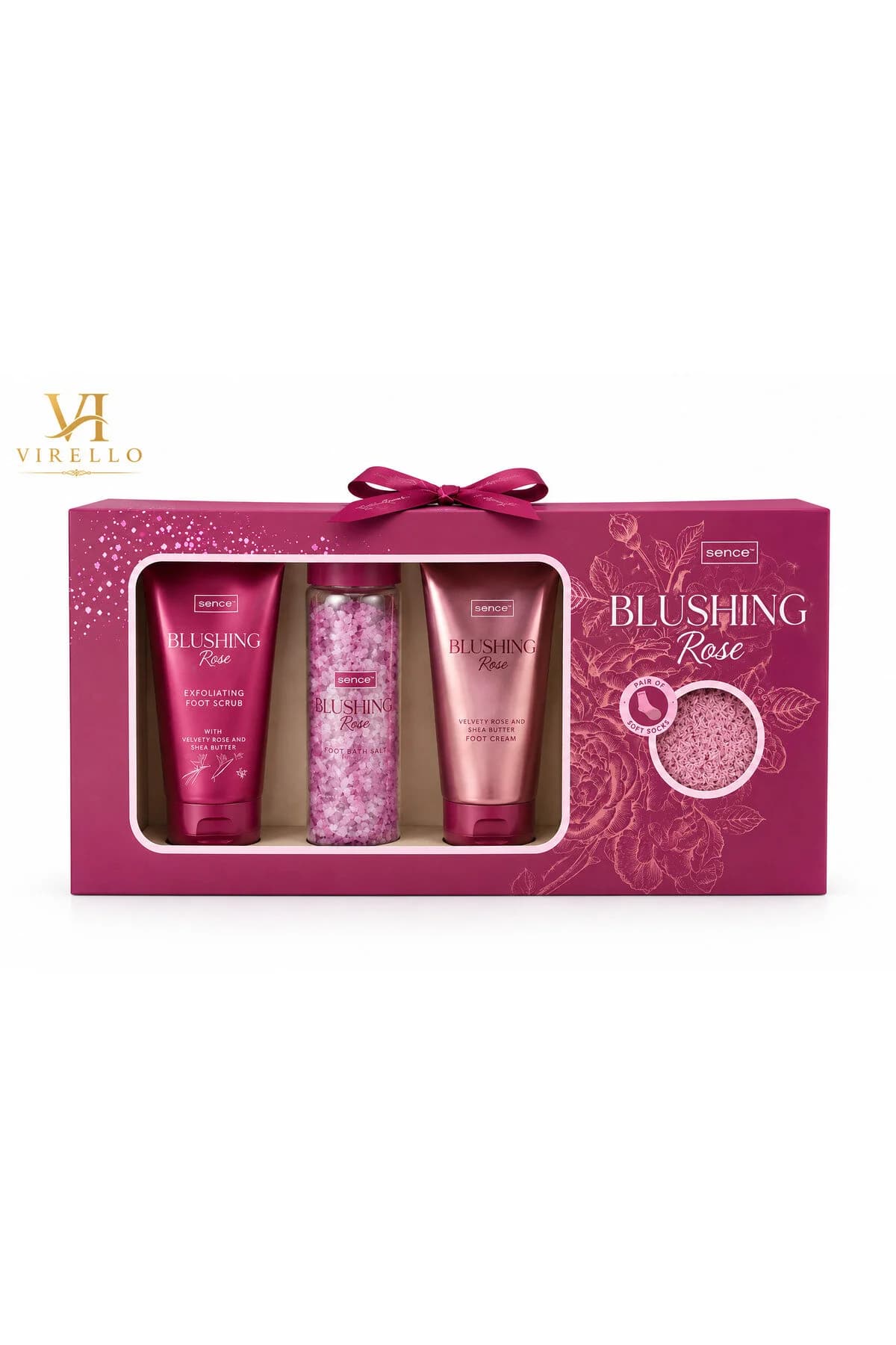 Set Cadou Blushing Rose – Exfoliant, Sare de Baie, Cremă pentru Picioare și Șosete Moi