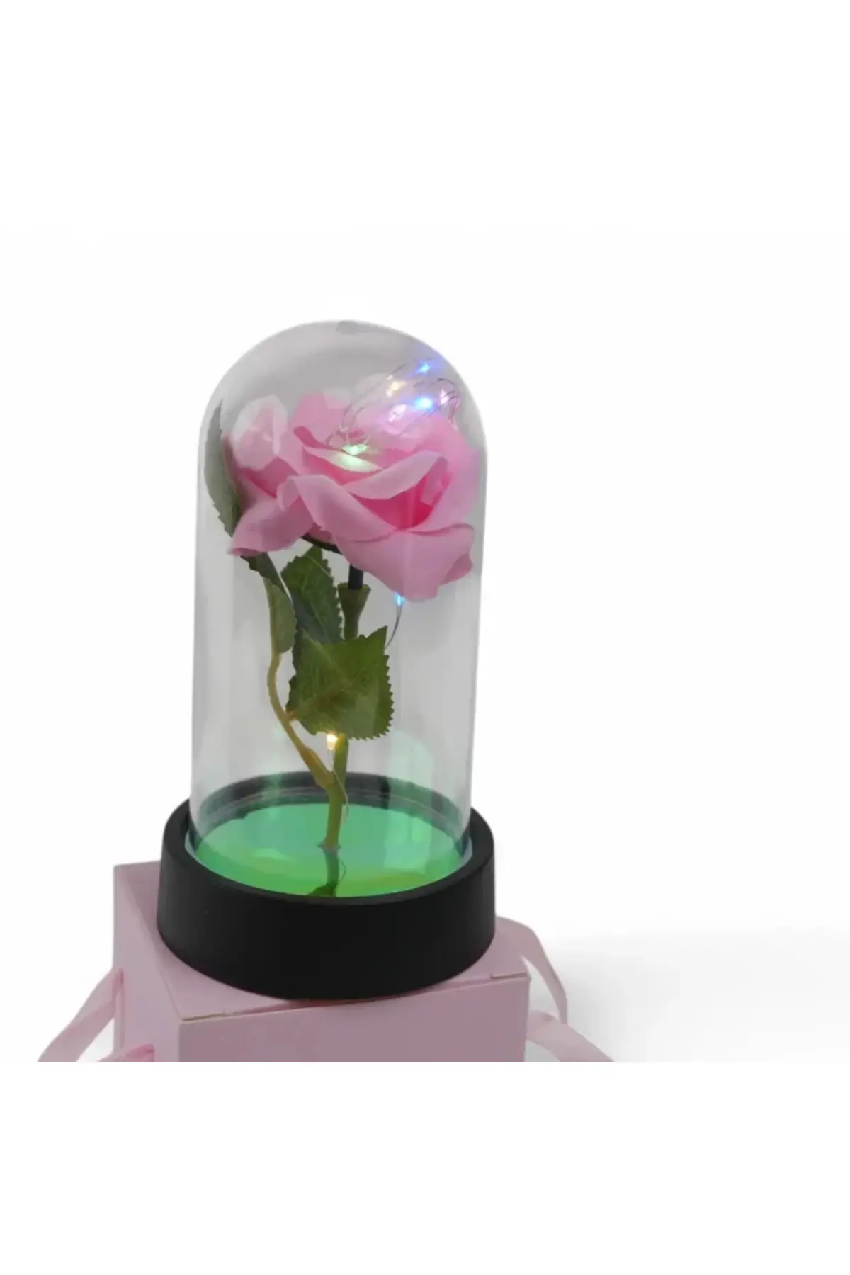 Trandafir artificial cu LED în cupolă de sticlă – Decor romantic cu bază din lemn, lumini ambientale, cadou perfect pentru iubiri