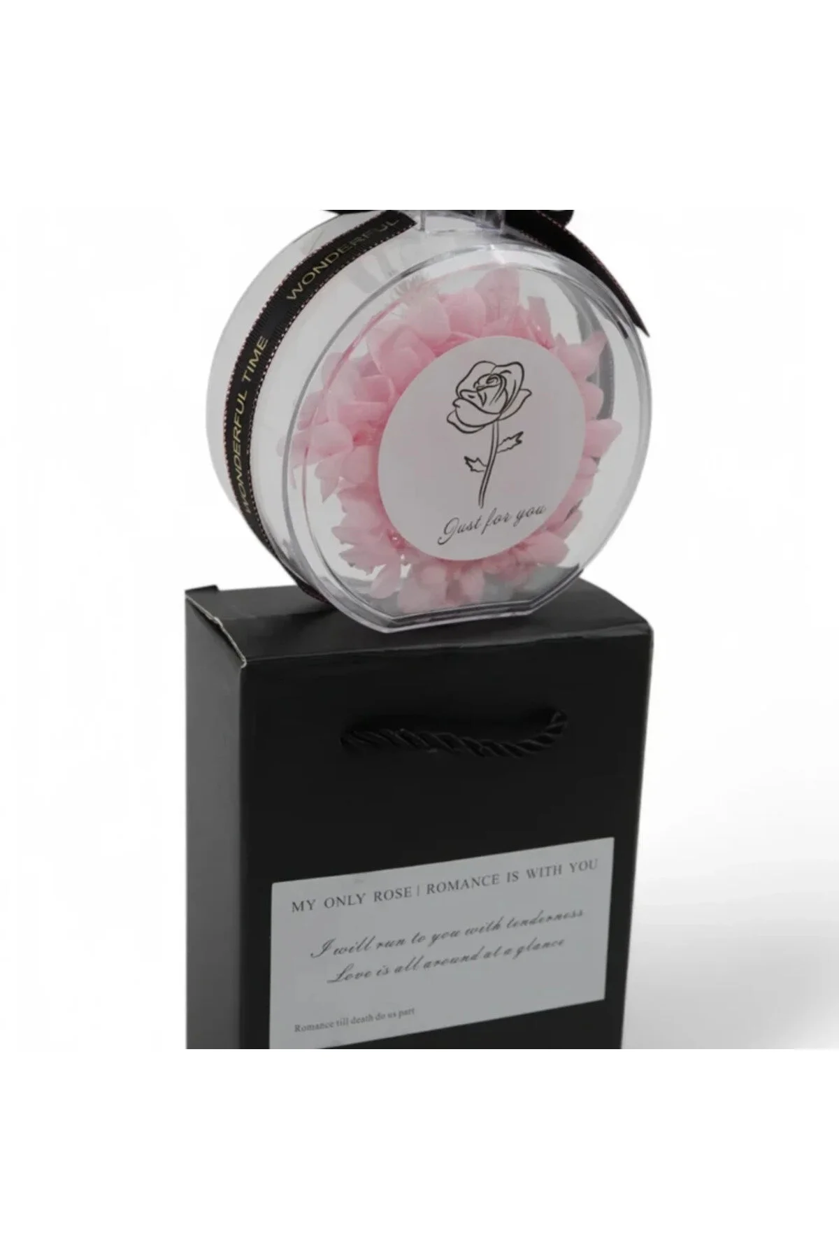 Trandafir roz criogenizat într-o sticlă de parfum – Cadou elegant pentru femei, aranjament floral conservat, decor și bijuterii