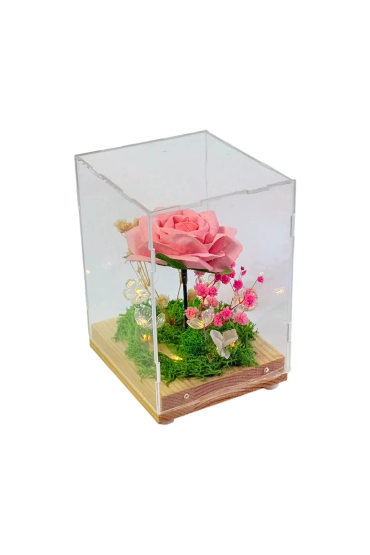 Ornament decorativ cu trandafir roz în cutie transparentă, bază din lemn, iluminare LED, mesaj Te iubesc