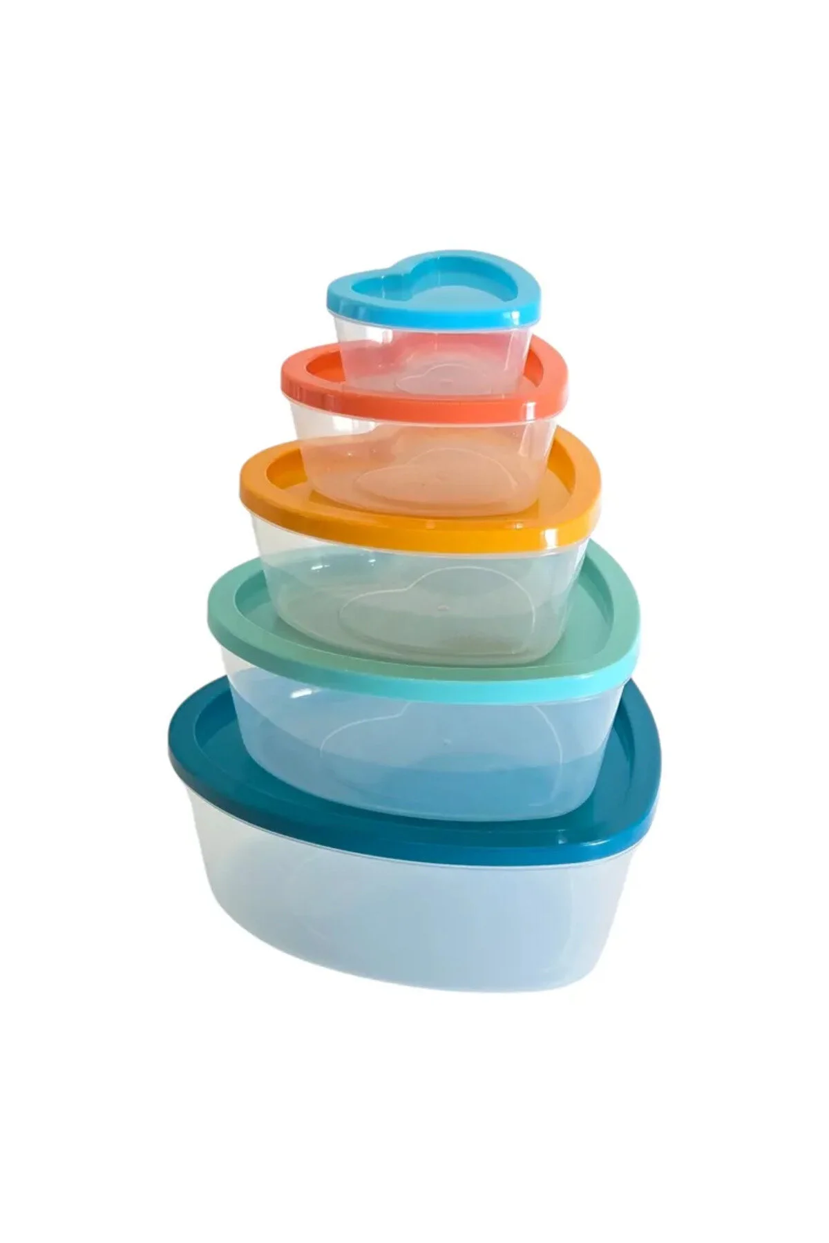 Set de 5 recipiente pentru depozitarea alimentelor în formă de inimă, cu capace, disponibile în mai multe culori, design practic și reutilizabil.