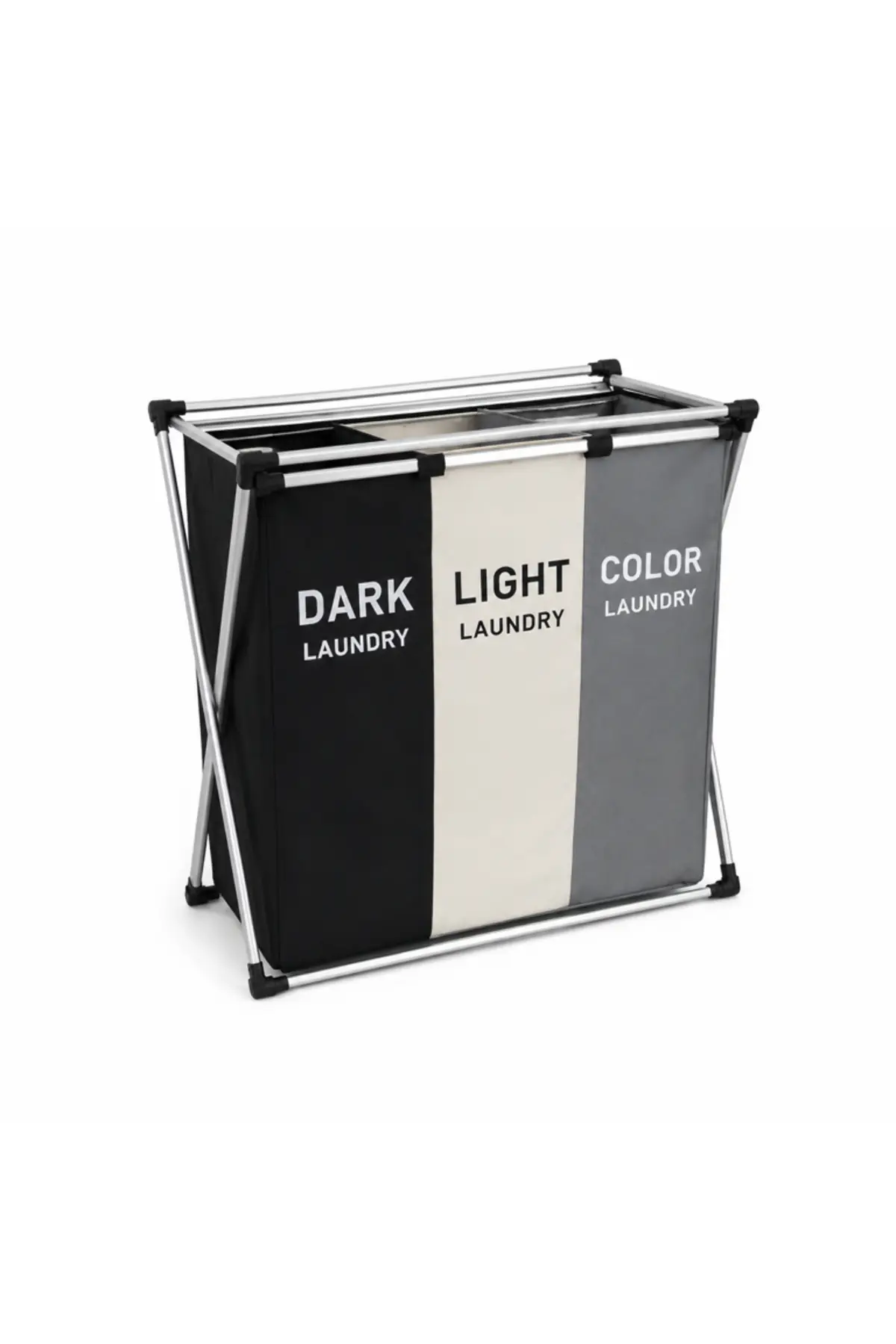 Coș de rufe cu suport din aluminiu, 3 compartimente de sortare, pliabil, organizator de haine, 58 × 40 × 55 cm, pentru baie și spălătorie