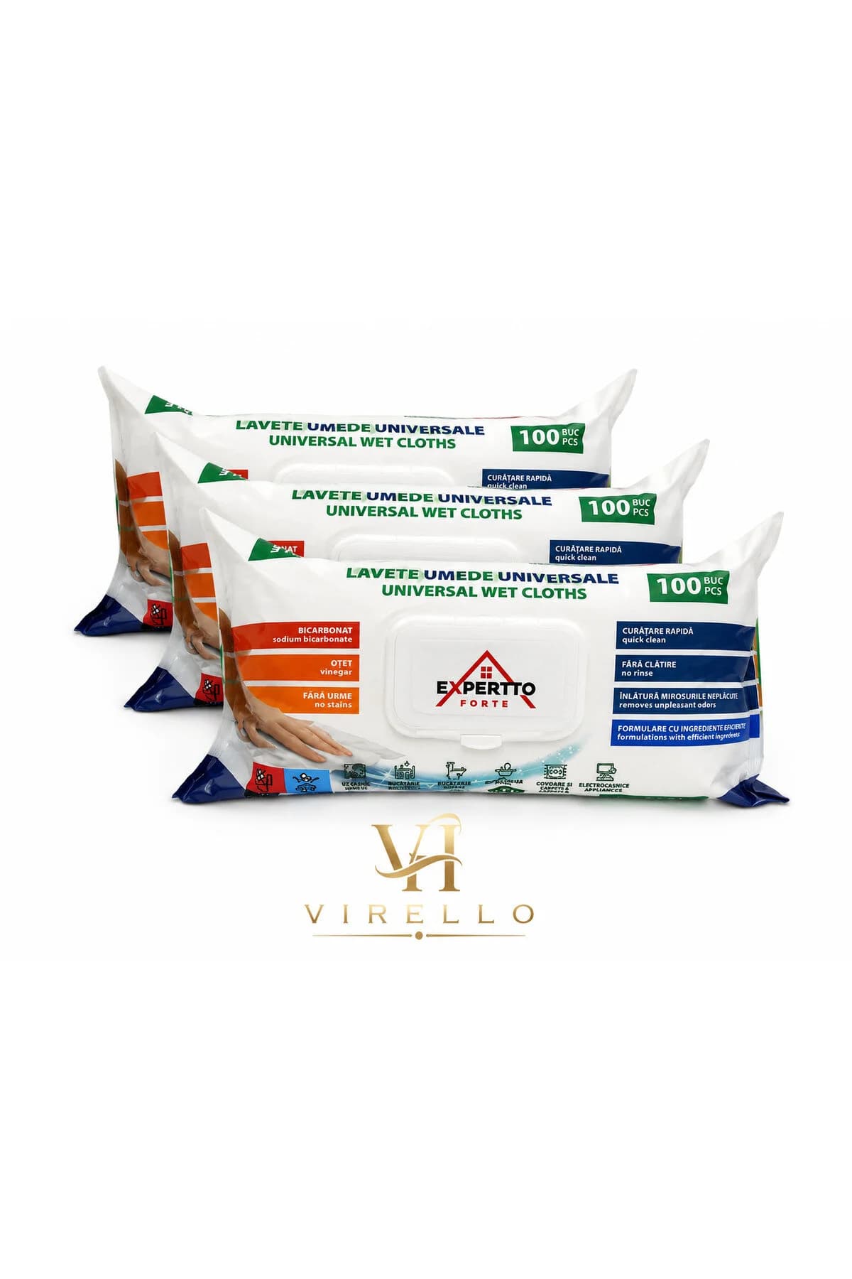 Set 3 Pachete Lavete Umede Universale Experto Forte, 100 buc/pachet, Bicarbonat și Oțet, Curățare Multisuprafețe – 300 buc