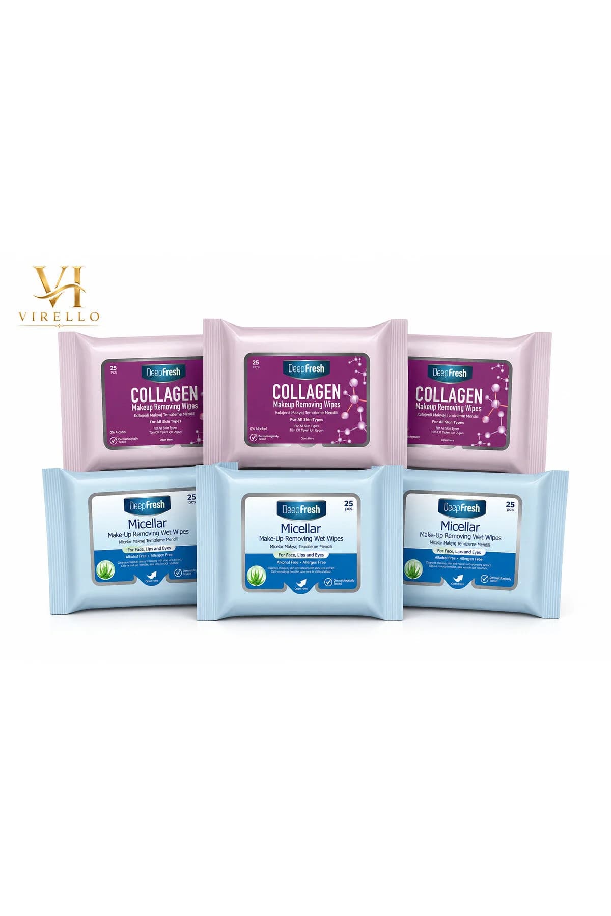Set 6 pachete șervețele umede demachiante DeepFresh, 3 Collagen + 3 Micellar, 25 buc/pachet, pentru față, buze și ochi