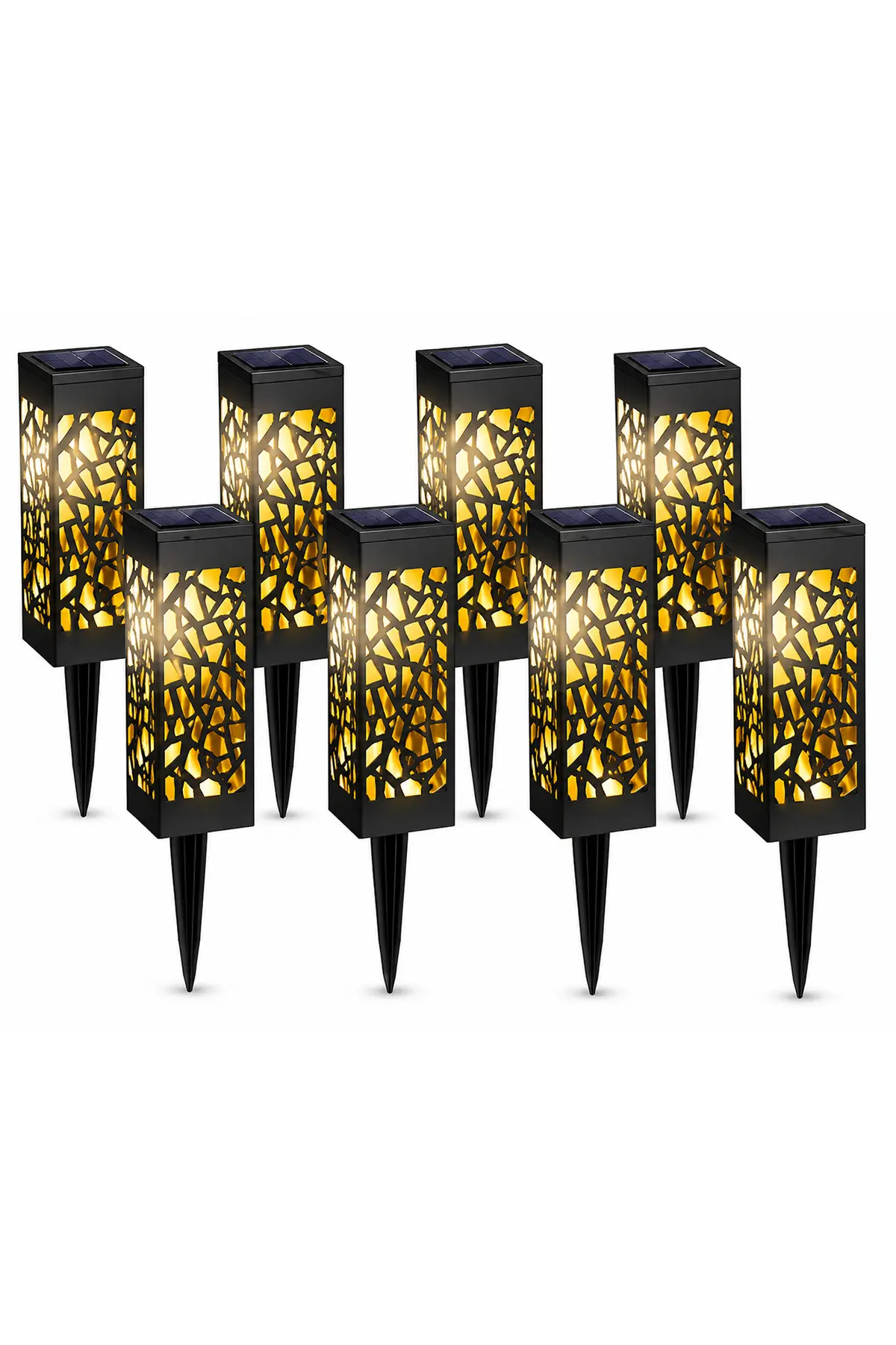 Set 8 lămpi solare LED pentru grădină, cu țăruș, lumină ambientală, design decorativ negru