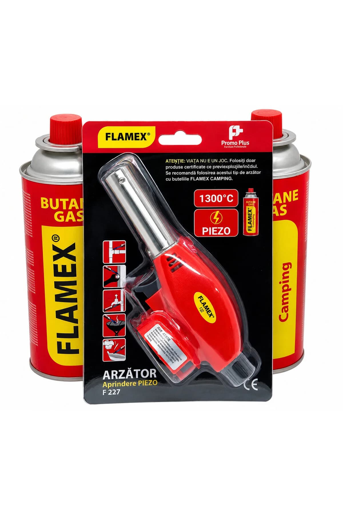 Set arzător Flamex F227 cu aprindere Piezo + 2 butelii gaz butan Camping, temperatură până la 1300°C