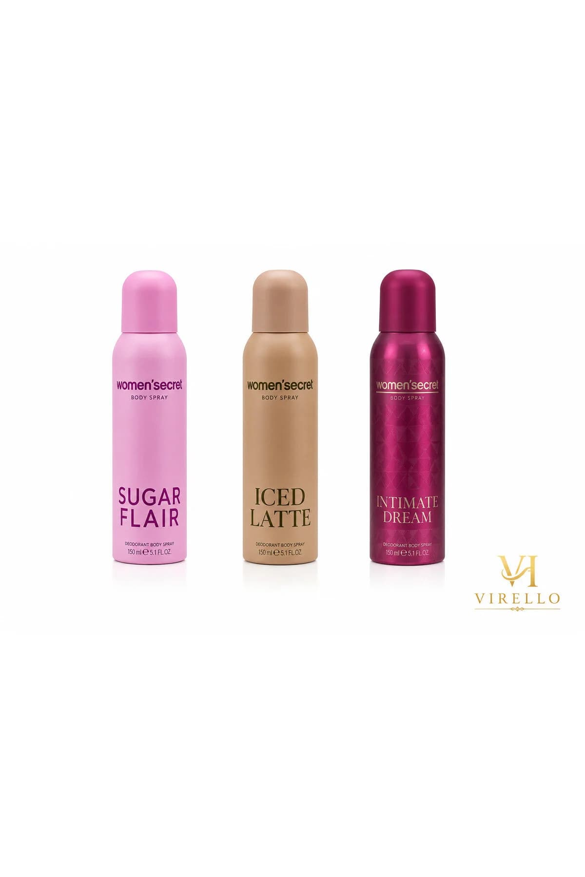 Set 3 spray-uri de corp Women’Secret, Sugar Flair, Iced Latte și Intimate Dream, 150 ml/buc, 450 ml Total