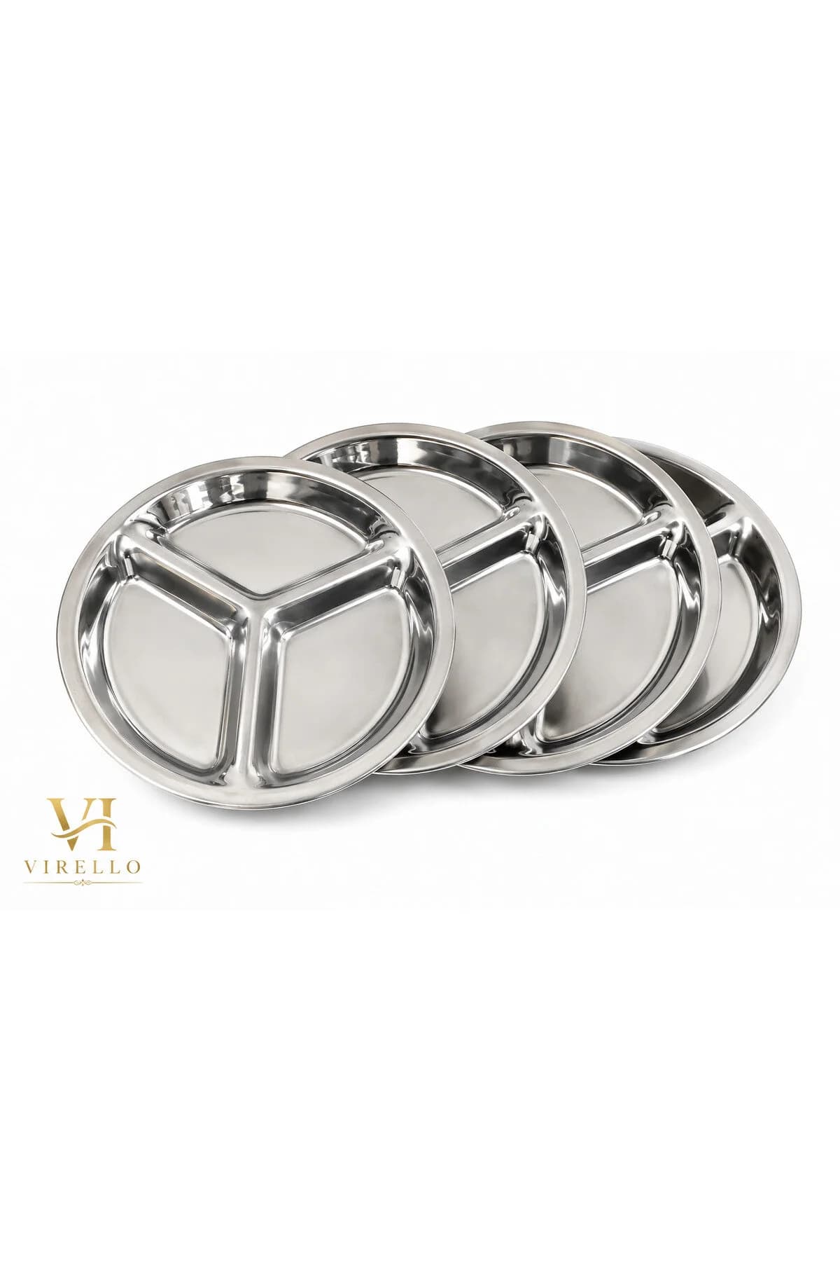 Set 4 Farfurii Compartimentate din Inox, 3 Compartimente, Tavă Rotundă pentru Servire