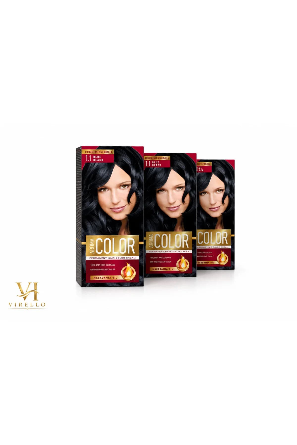 Set 3x Vopsea de Păr Color 1.1 Blue Black, Negru Albăstrui, Cremă Colorantă Permanentă cu Ulei de Macadamia