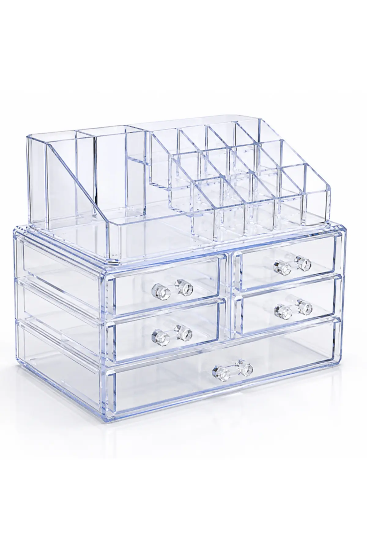 Organizator cosmetic din acril transparent cu 7 sertare și multiple compartimente pentru machiaj, pensule, rujuri și accesorii de machiaj