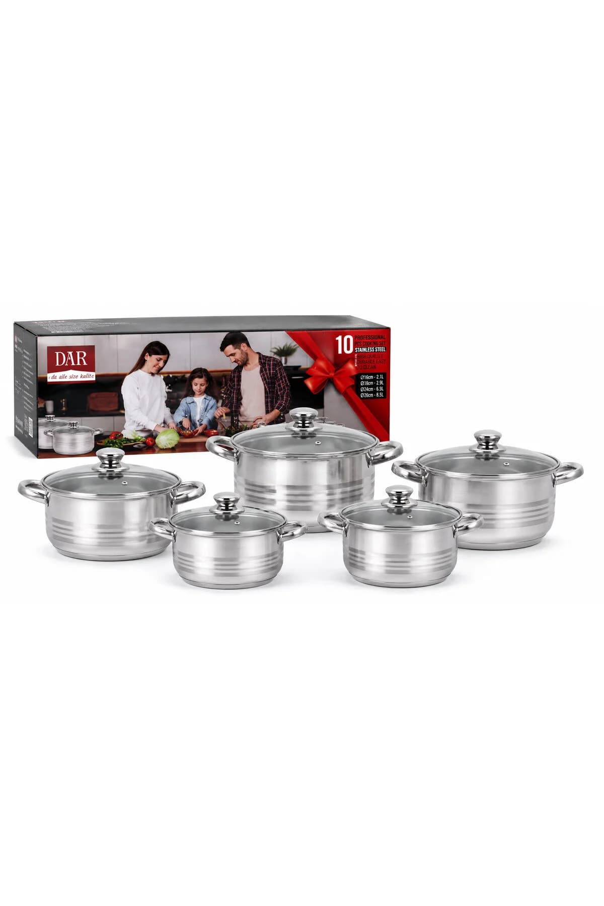 SET INOX 10 PCS CRATITE CU CAPAC STICLA 2.3/3.2/4.2/5.4/6.9L 19043