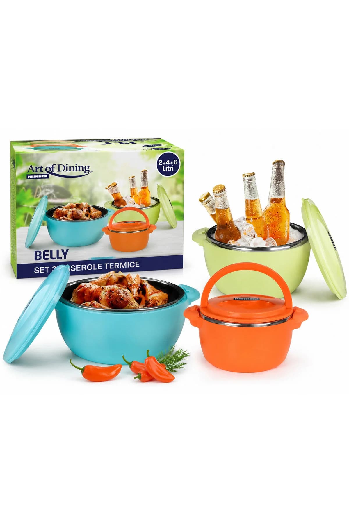 SET CASEROLE TERMOS CU CAPAC 2L/4L/6L 3 BUCĂȚI/SET CULORI ASORTATE