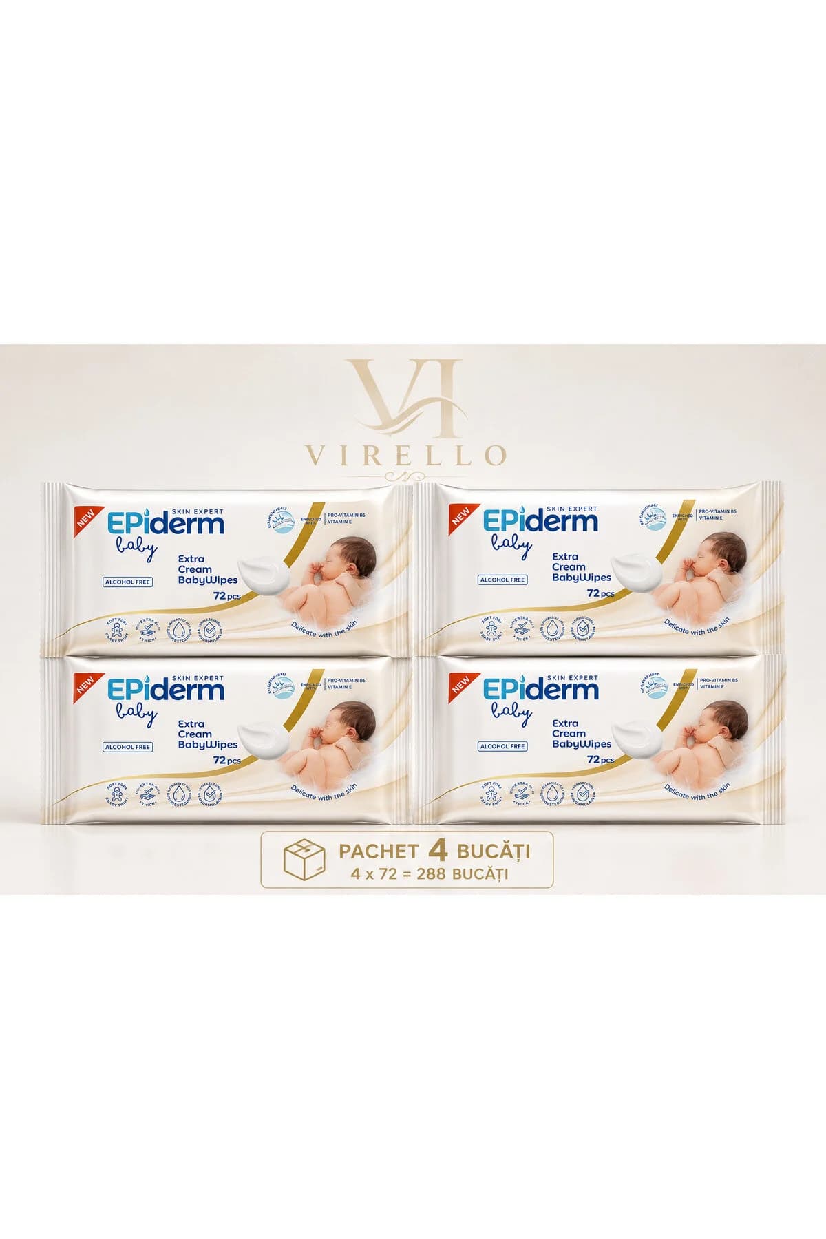 Set 4 Pachete Șervețele Umede pentru Bebeluși Epiderm Baby Extra Cream, 72 buc/pachet – 288 Șervețele
