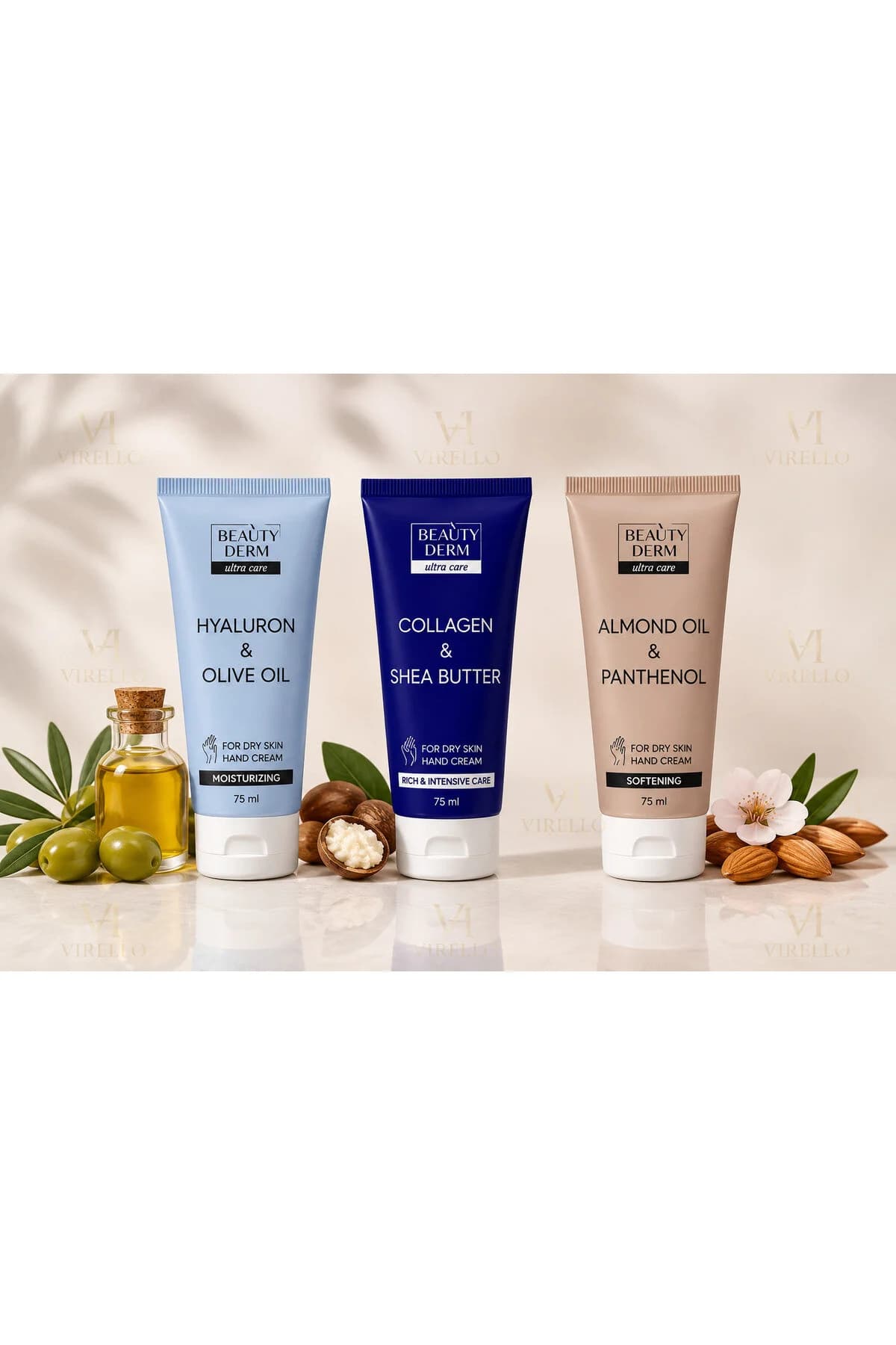 Set 3 Creme de Mâini Beauty Derm Ultra Care, Hyaluron & Olive Oil, Collagen & Shea Butter, Almond Oil & Panthenol, 75 ml/buc – 225 ml