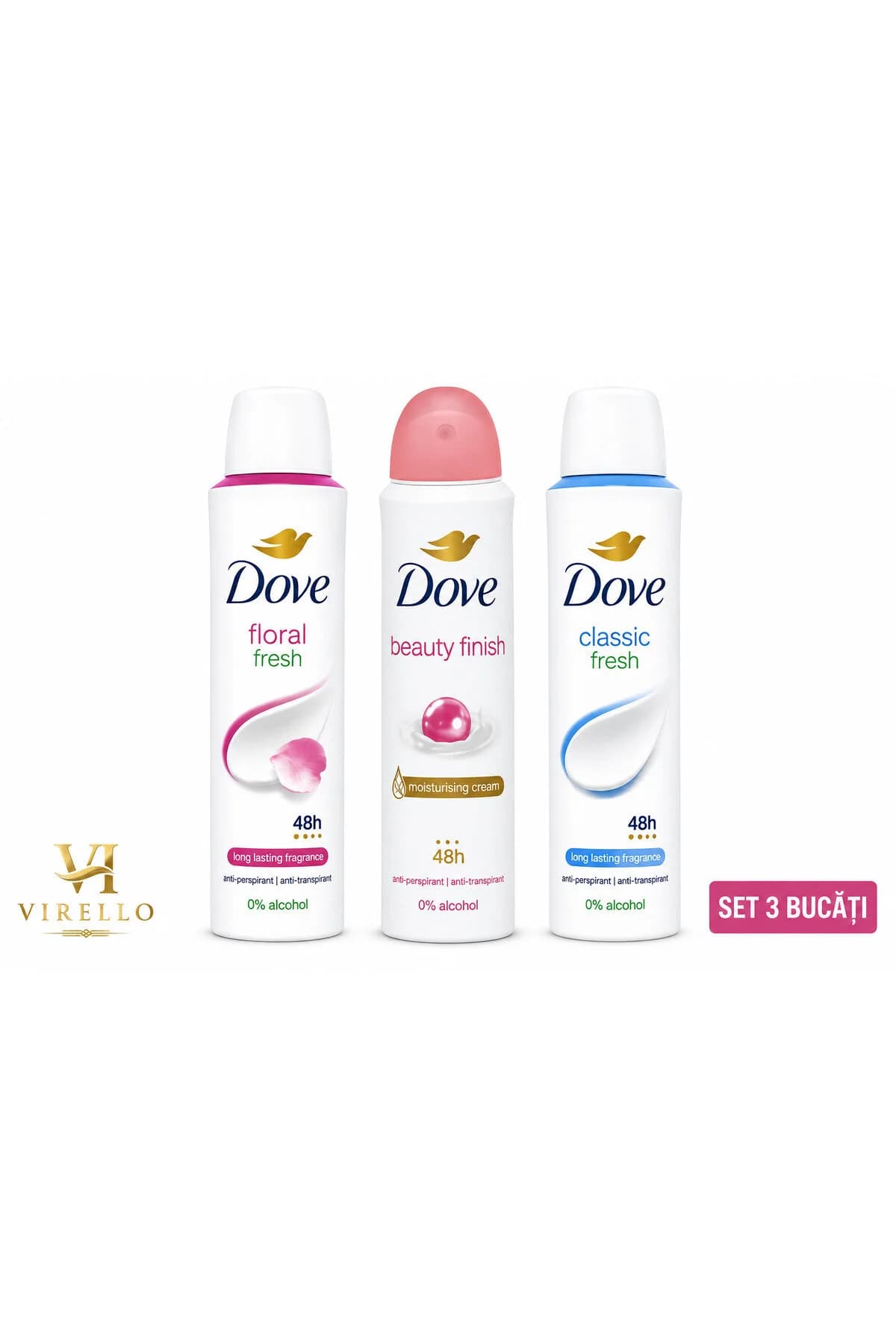 Set 3 x Deodorant Spray Dove, 150 ml, Floral Fresh + Beauty Finish + Classic Fresh, Protecție 48h