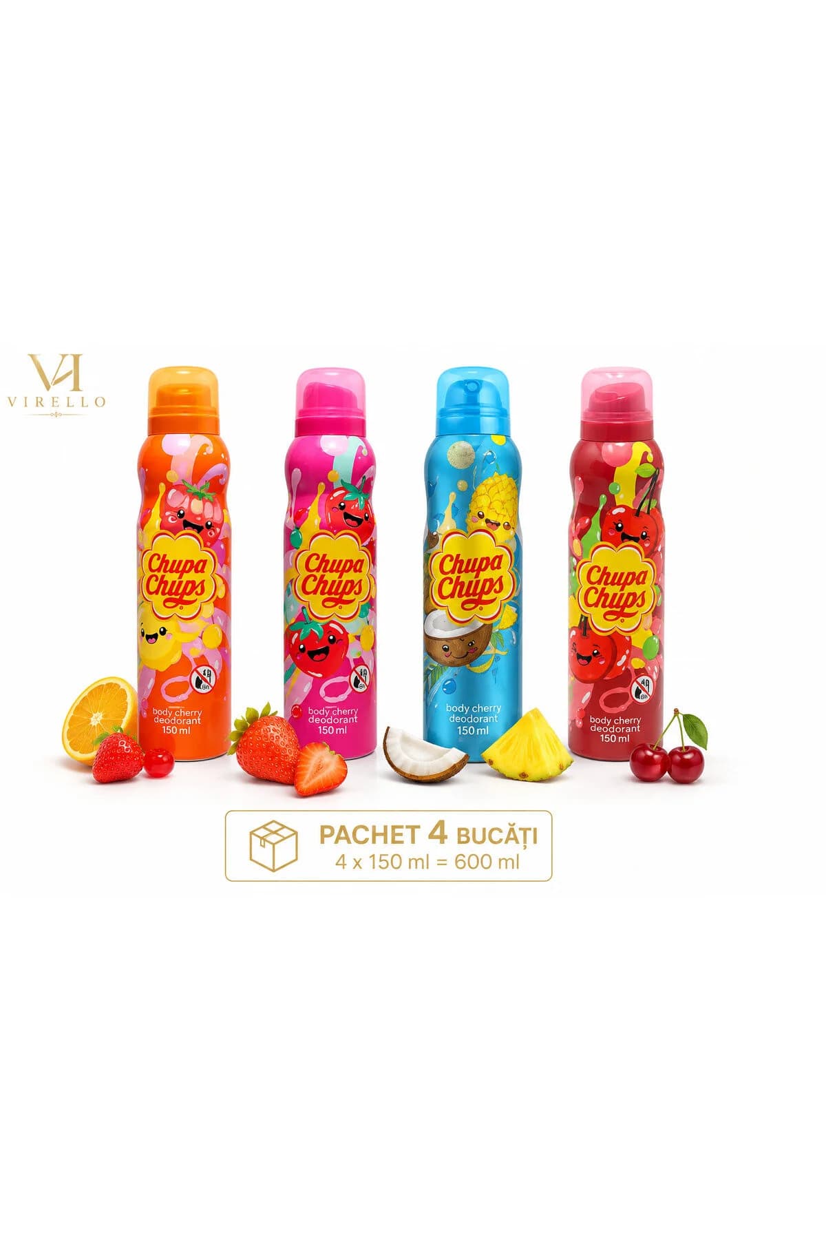 Set 4 Deodorante Spray Chupa Chups, 4 Arome, 150 ml/buc – 600 ml
