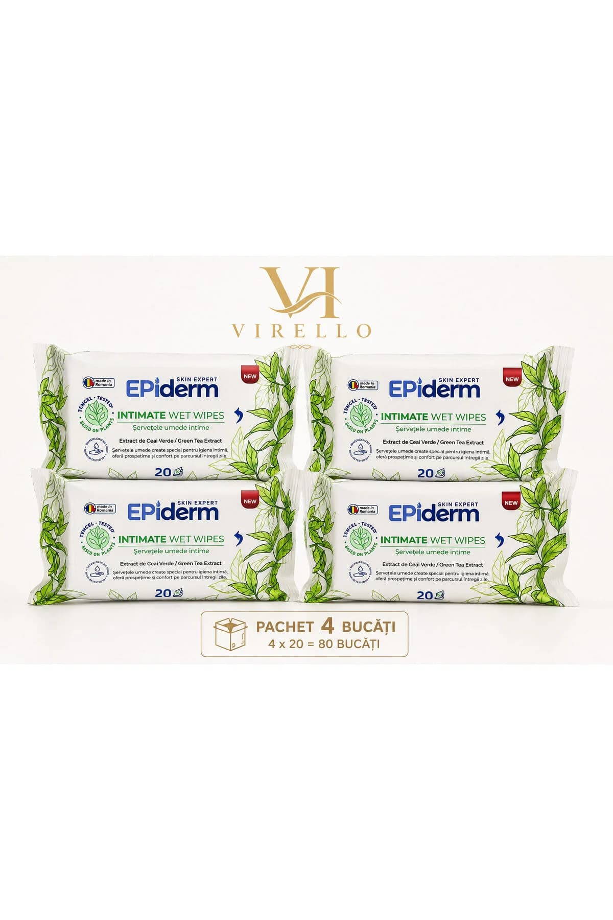 Set 4 Pachete Șervețele Umede Intime Epiderm Skin Expert cu Extract de Ceai Verde, 20 buc/pachet – 80 Șervețele