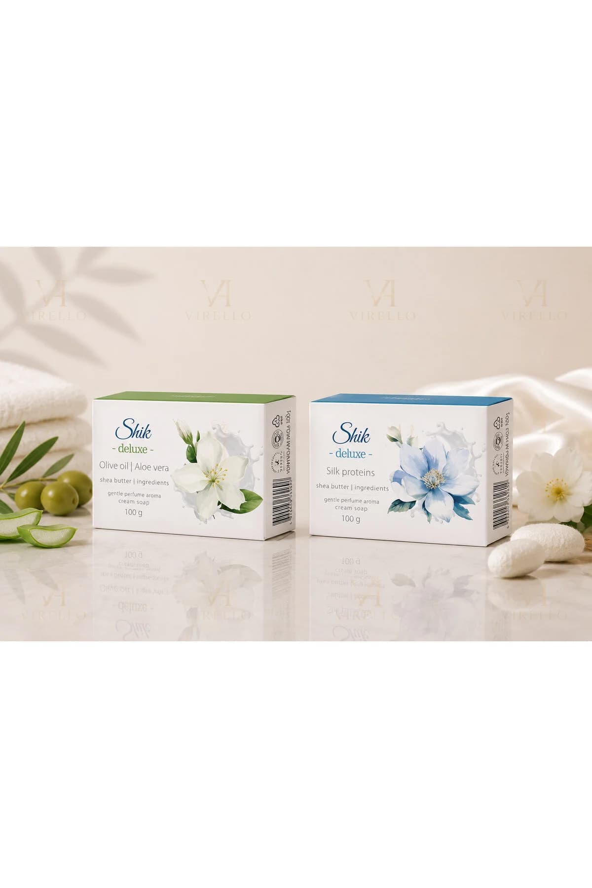 Set 2 Săpunuri Solide Deluxe, Olive Oil & Aloe Vera și Silk Proteins, 100 g/buc – 200 g
