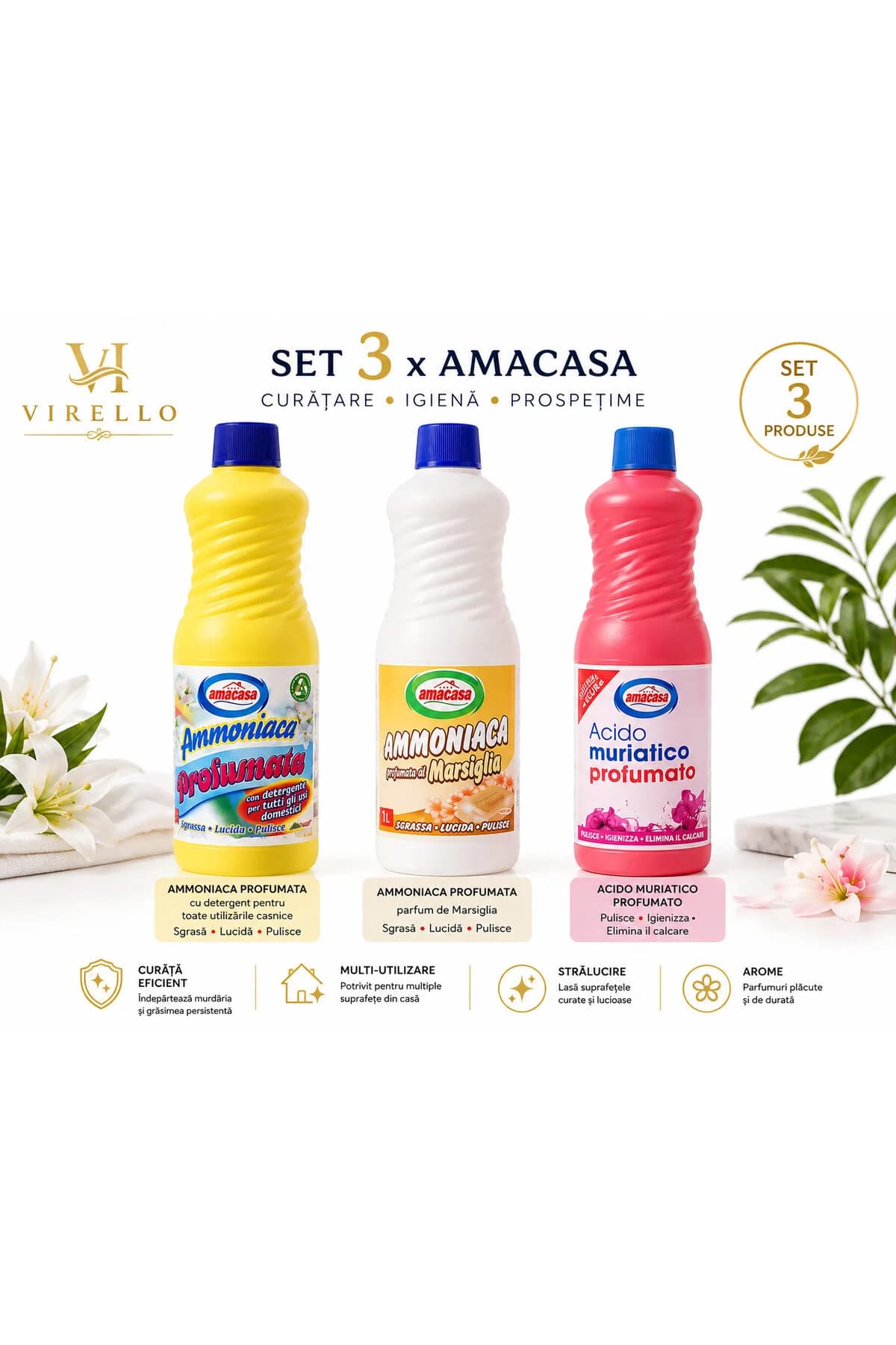 Set 3 x Soluții Curățare Amacasa, Amoniac Parfumat, Marsiglia & Acid Muriatic Parfumat