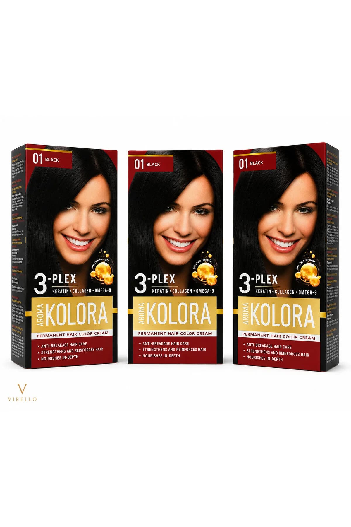 Set 3 Vopsele de Păr Permanente Kolora 3-Plex, 01 Black – Negru