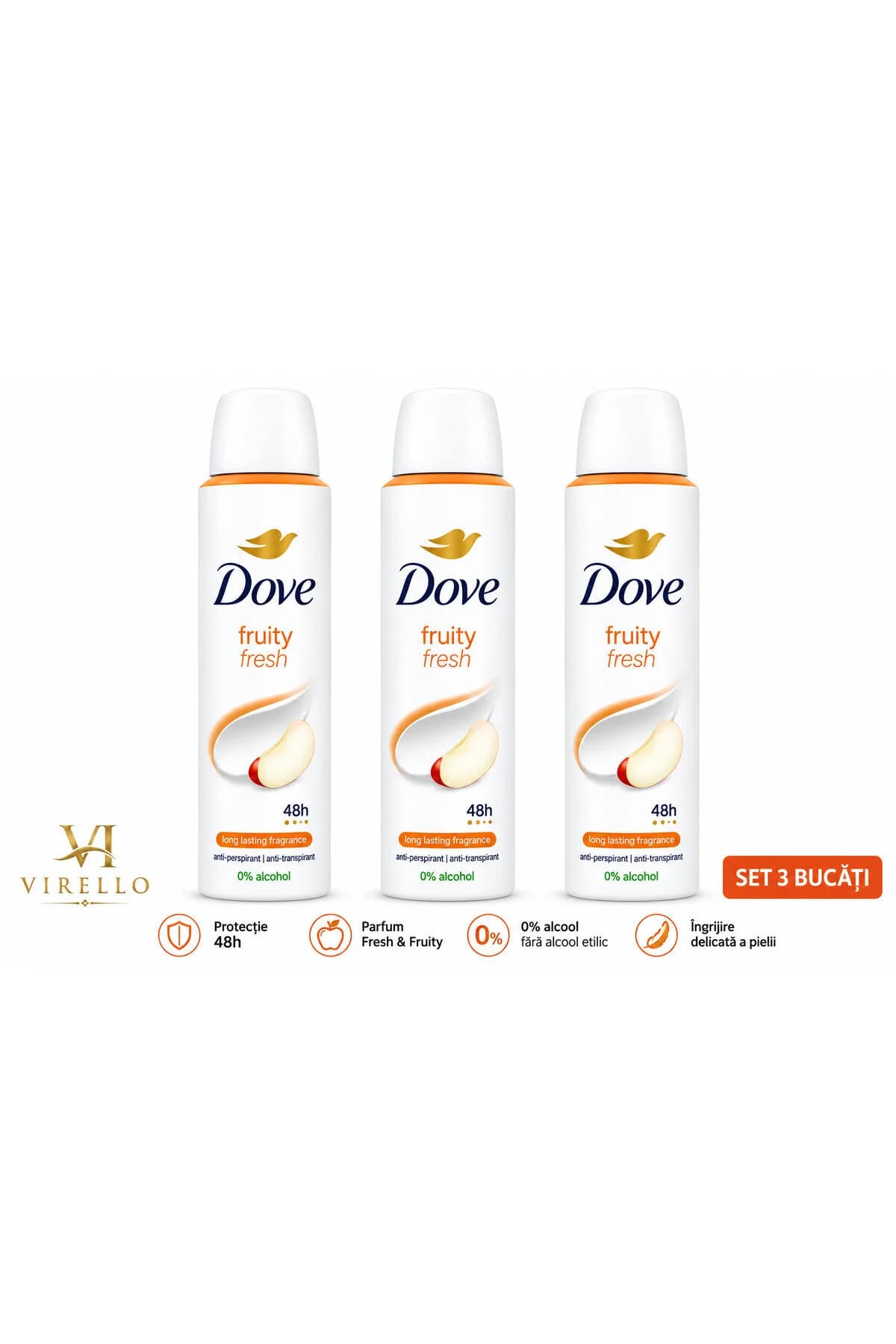 Set 3 x Deodorant Spray Fruity Fresh, 150 ml, Protecție 48h, Parfum Fructat, 0% Alcool