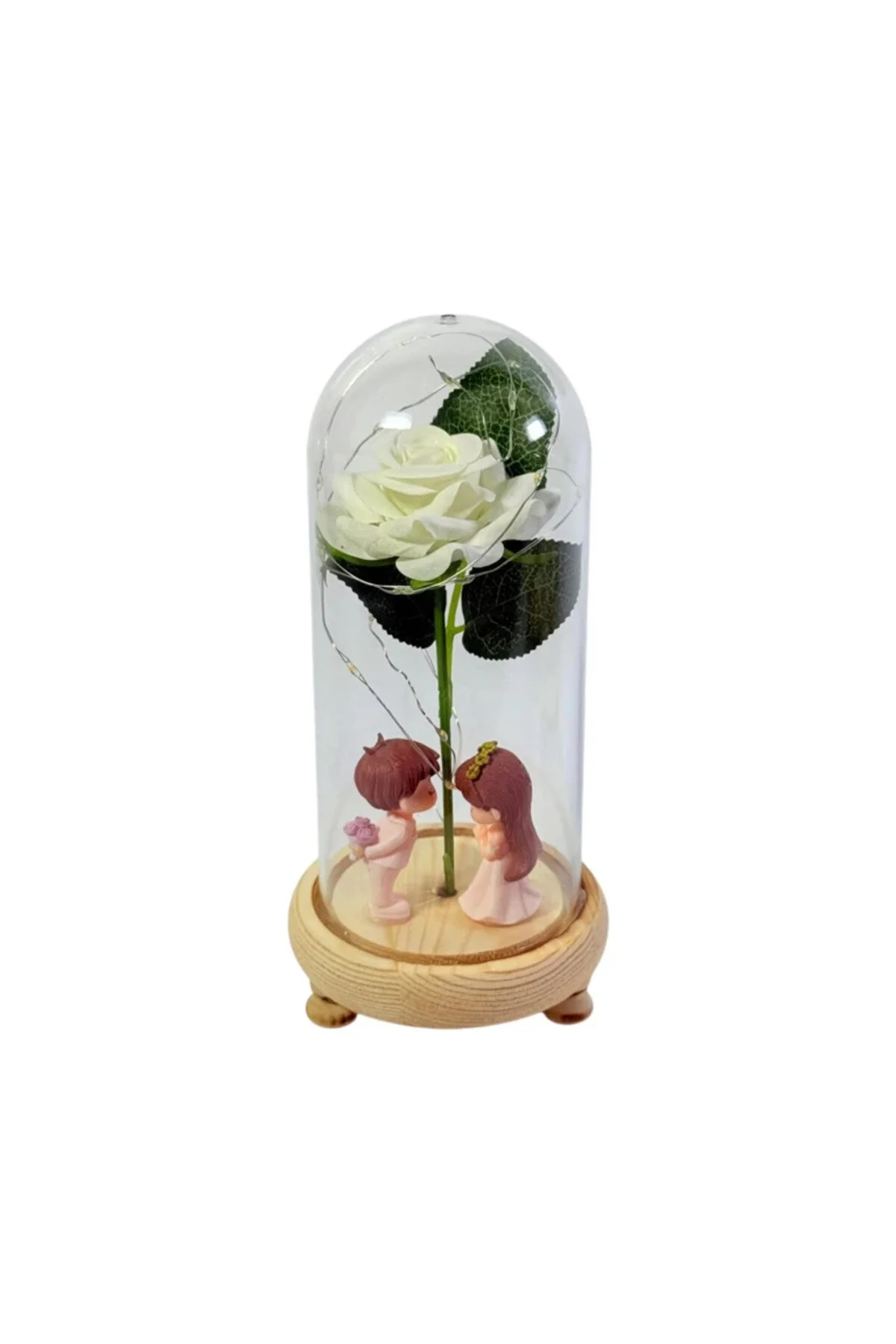 Aranjament floral decorativ într-o cupolă de sticlă 10 x 20 cm cu trandafir artificial și figurine decorative, bază din lemn