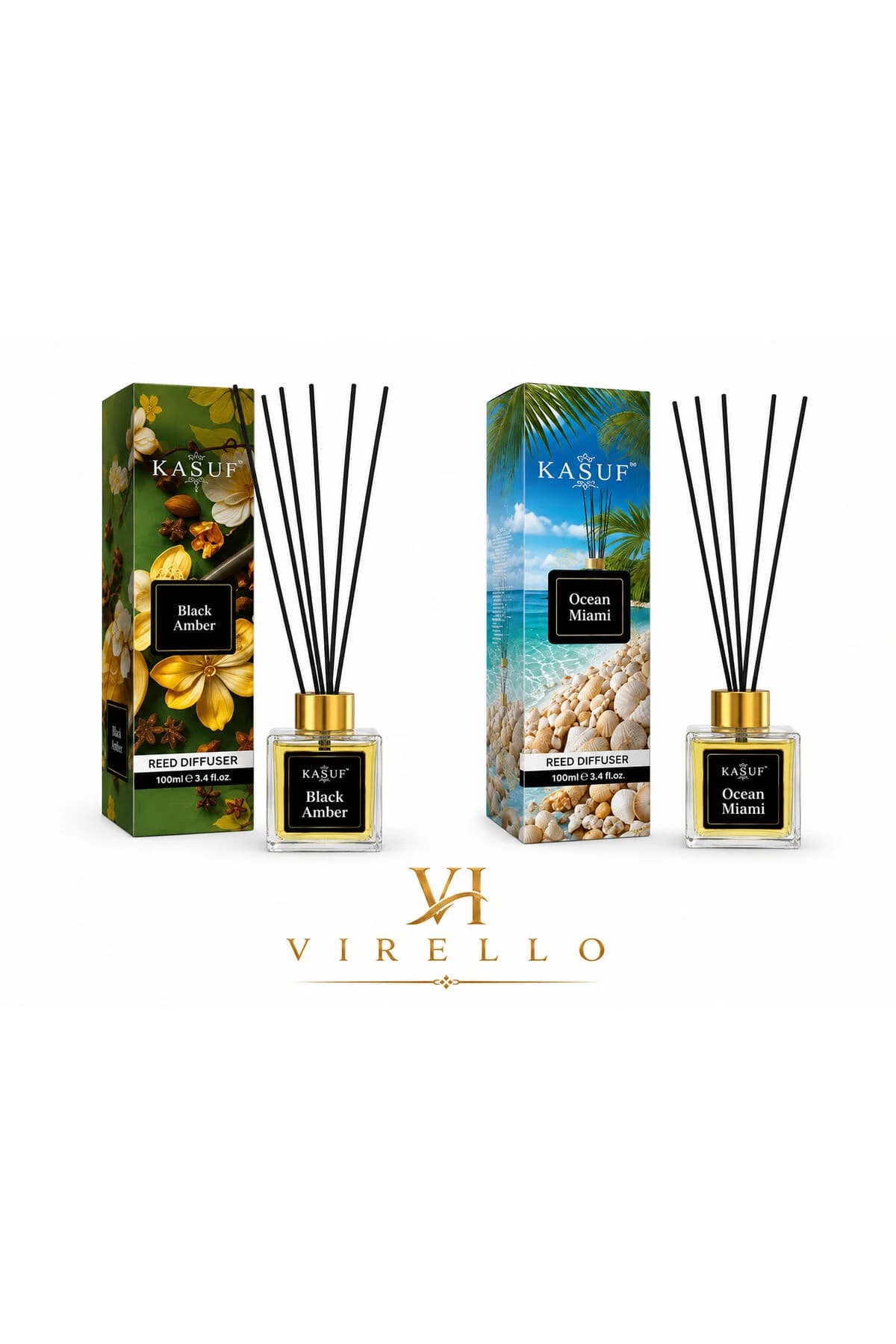Set 2 Odorizante de Cameră Black Amber & Ocean Miami, Reed Diffuser cu Bețișoare, 2 x 100 ml
