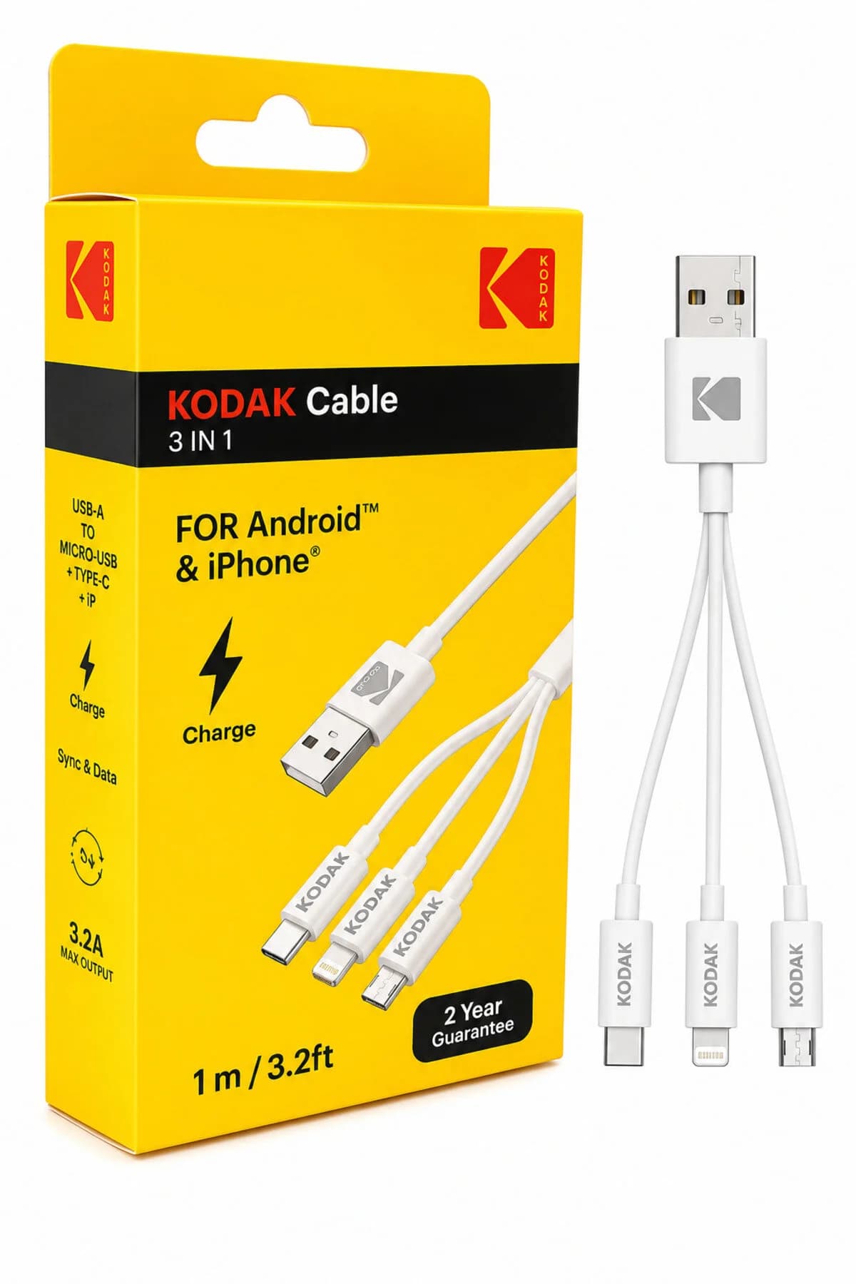 Cablu 3 în 1, USB-A la USB-C, Lightning și Micro-USB, încărcare și transfer date, 3.2A, 1 m, alb