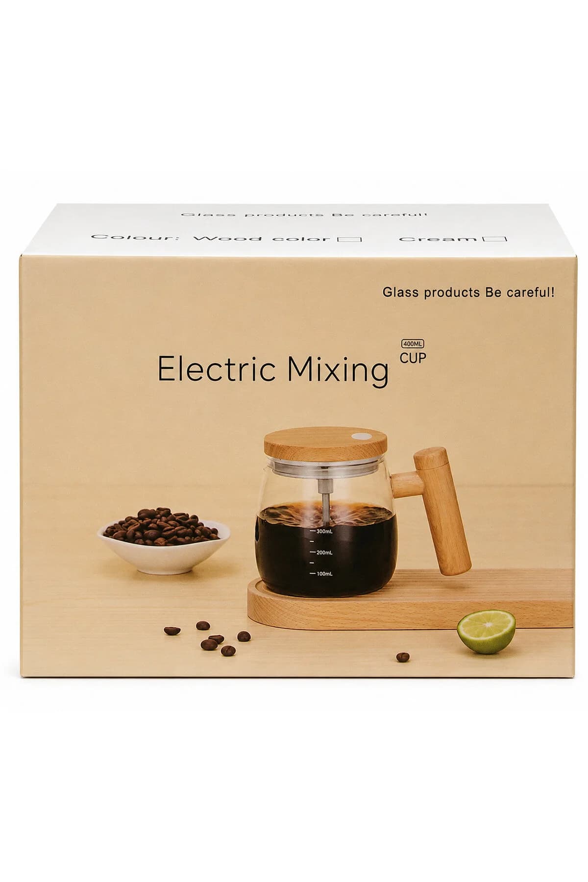 Cană electrică auto-amestecare 400 ml, din sticlă, cu mâner și capac aspect lemn, pentru cafea și băuturi