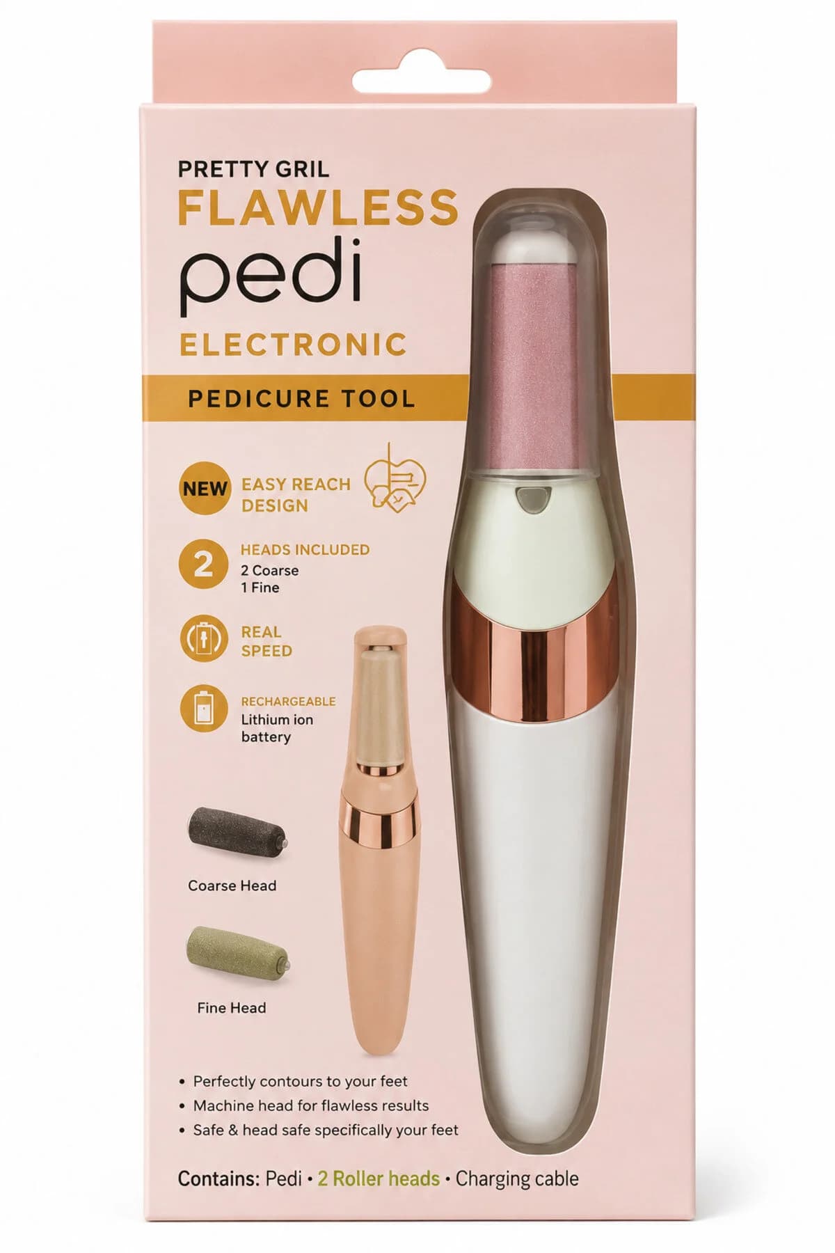 Pilă electrică pentru călcâie Flawless Pedi, reîncărcabilă, 2 capete abrazive, pentru pedichiură și îndepărtarea pielii întărite