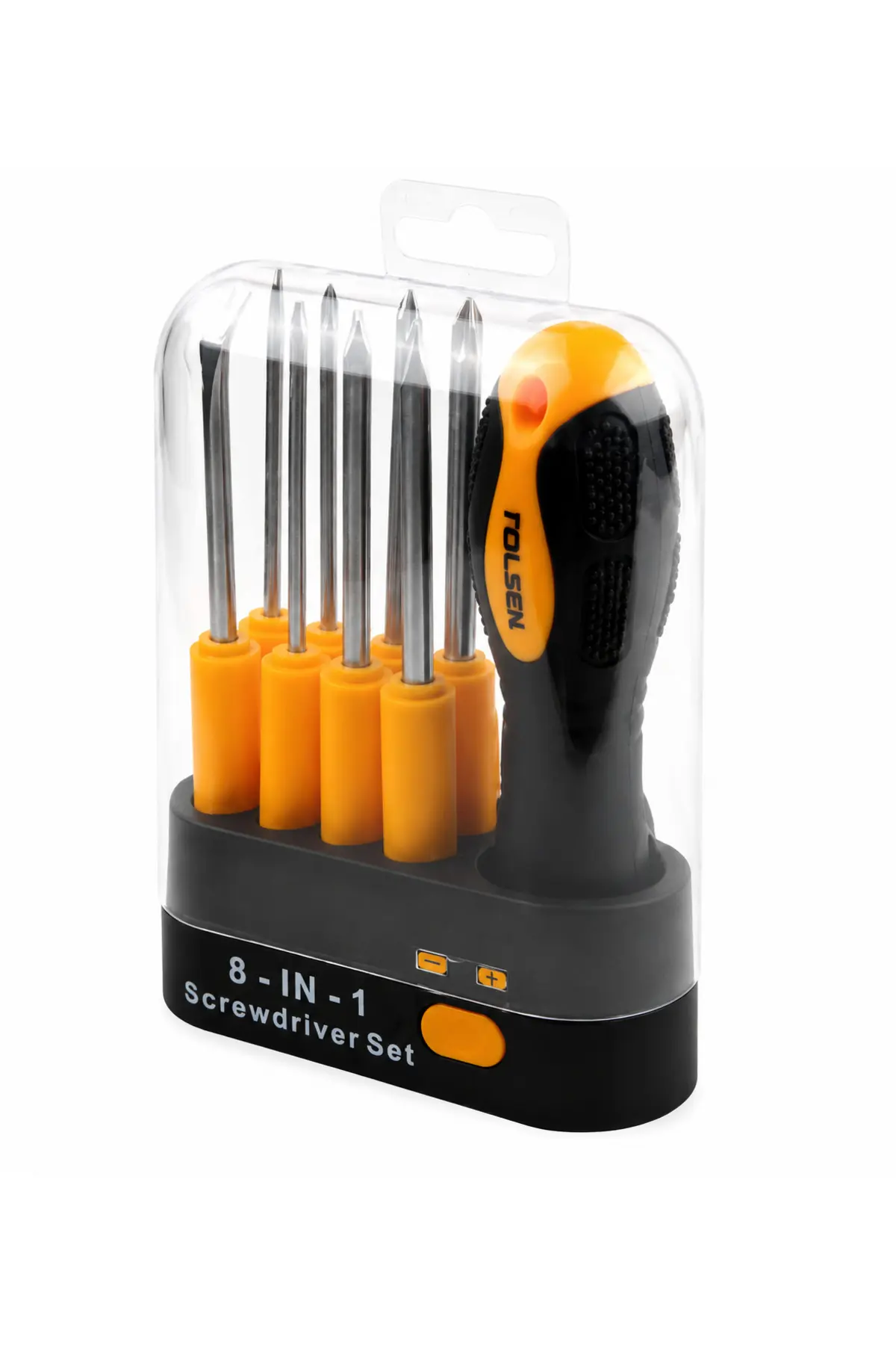 Set șurubelnițe Tolsen 8 în 1, mâner ergonomic și 7 tije interschimbabile, suport de depozitare