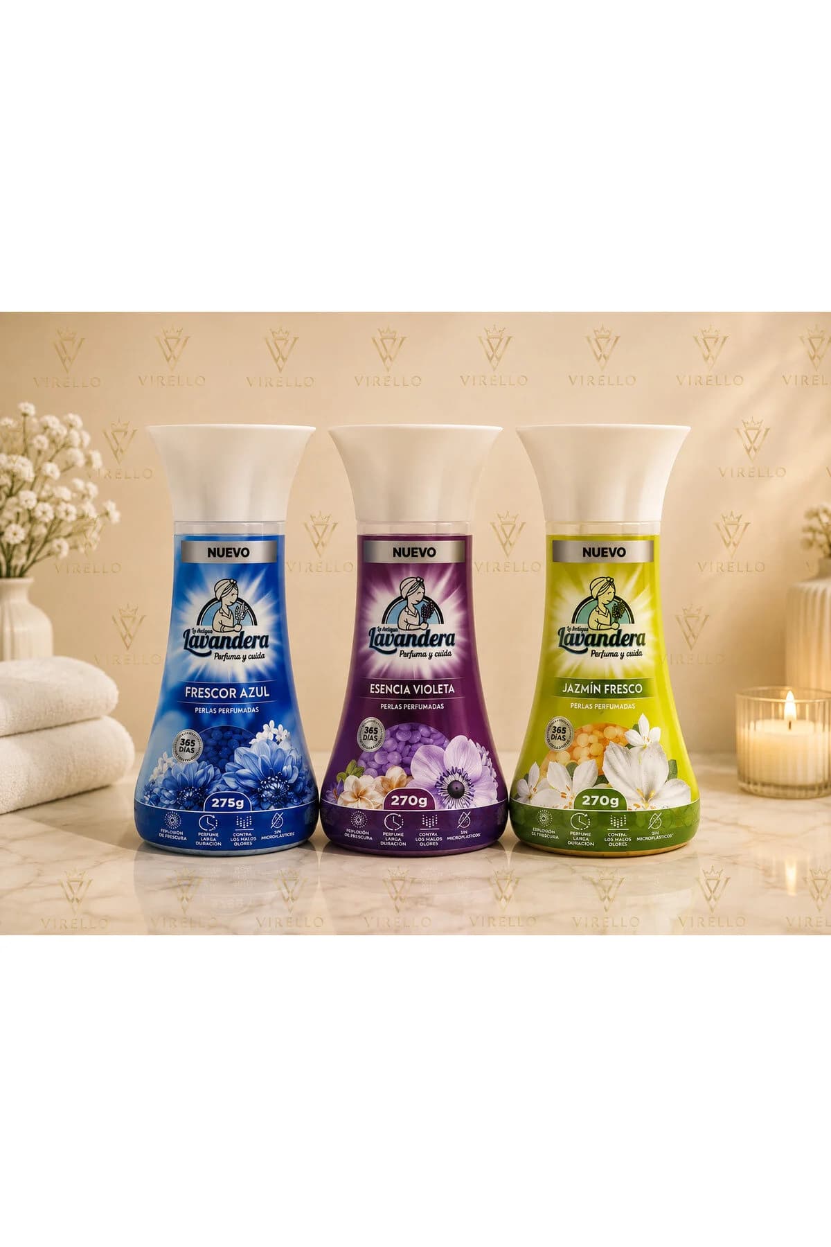 Pachet La Antigua – 3 Parfumuri pentru rufe, Perle parfumate: Frescor Azul + Esență de Violetă + Iasomie Proaspătă