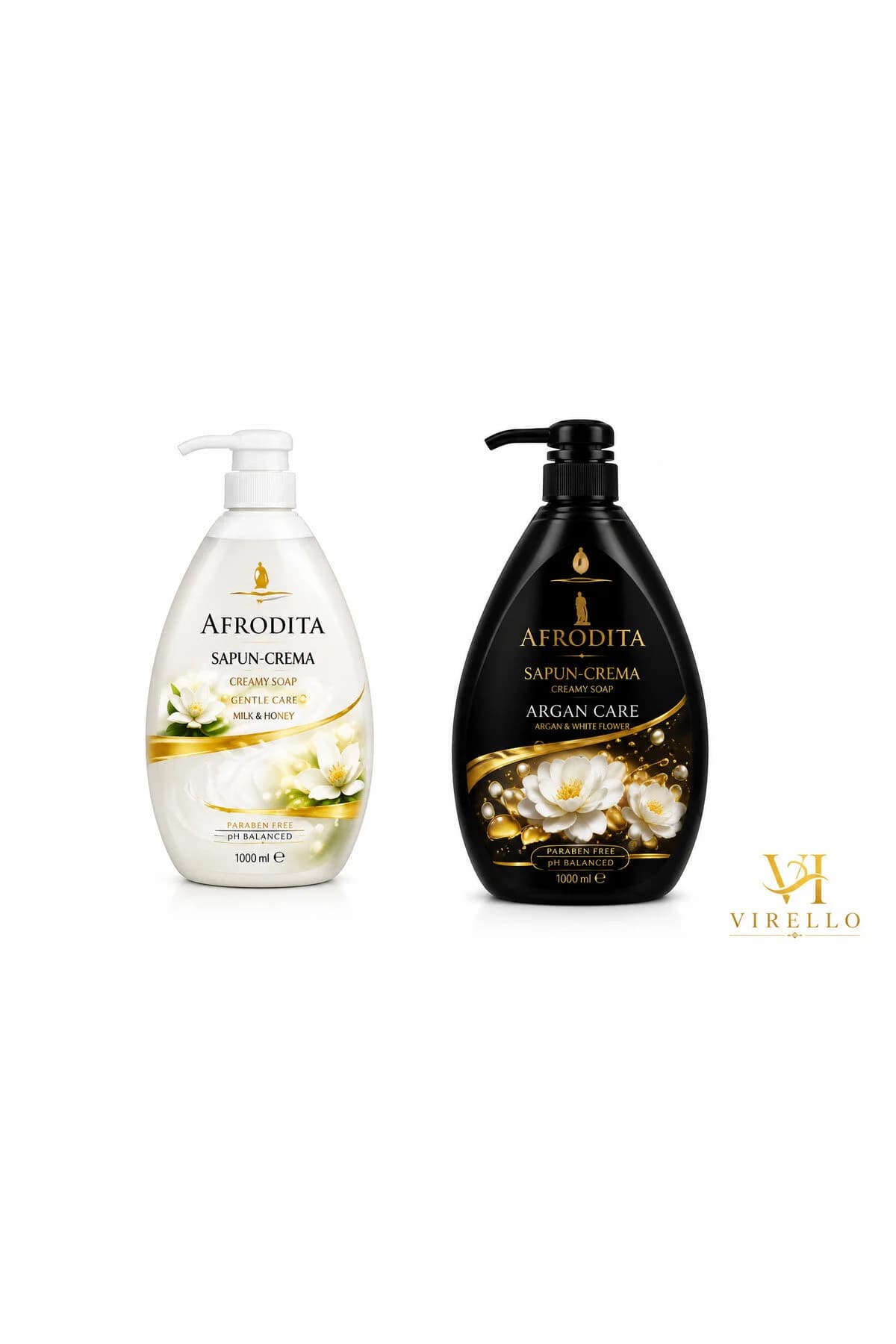 Set 2 Săpunuri Cremă Lichide Afrodita, Milk & Honey + Argan Care, cu Pompă, 1000 ml/buc, 2 L Total