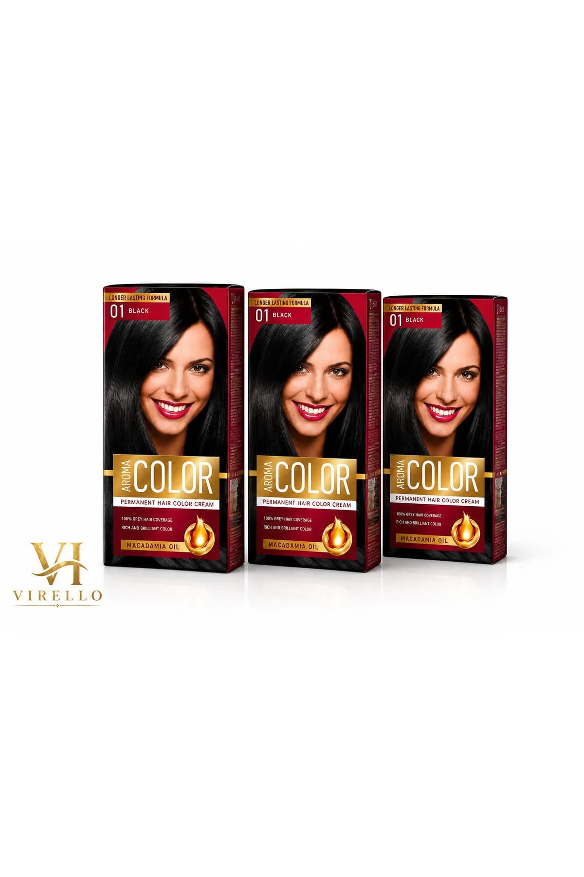 Set 3x Vopsea de Păr Color 01 Black, Negru Intens, Cremă Colorantă Permanentă cu Ulei de Macadamia