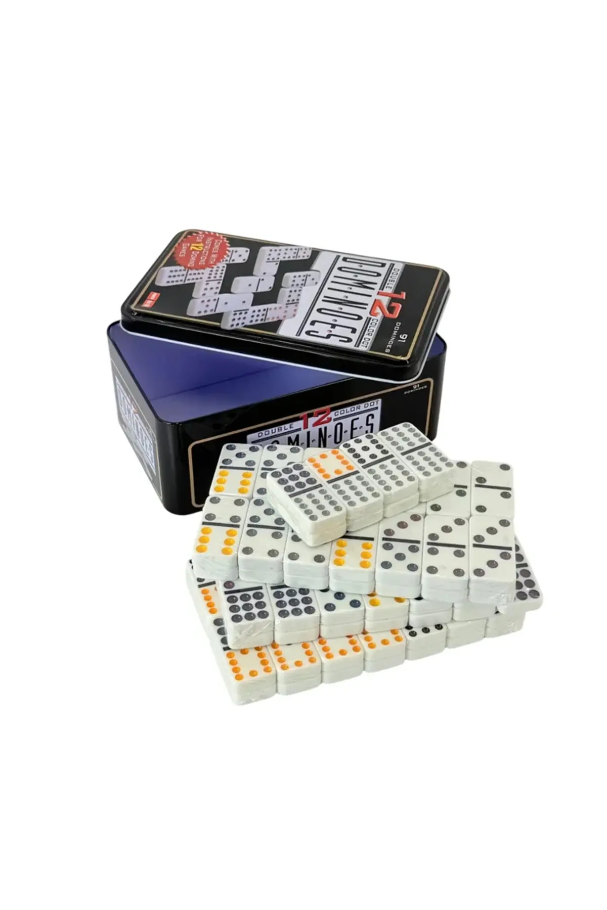 Joc de domino dublu 12 cu piese colorate și cutie metalică – 91 de piese din plastic, ideal pentru familie, copii și jocuri de grup