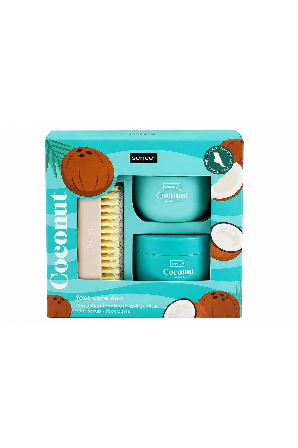 Set pedichiură Coconut pentru îngrijirea picioarelor, scrub, unt pentru picioare și perie cu piatră ponce