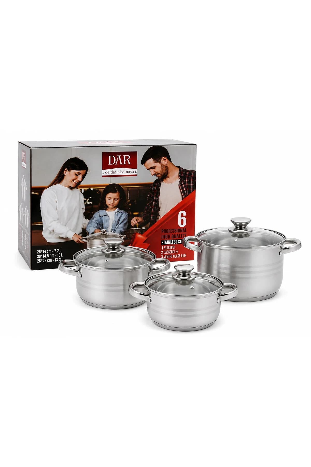 Set oale inox DAR, 6 piese, 3 oale cu capace din sticlă, 7.2 L / 10 L / 13.3 L