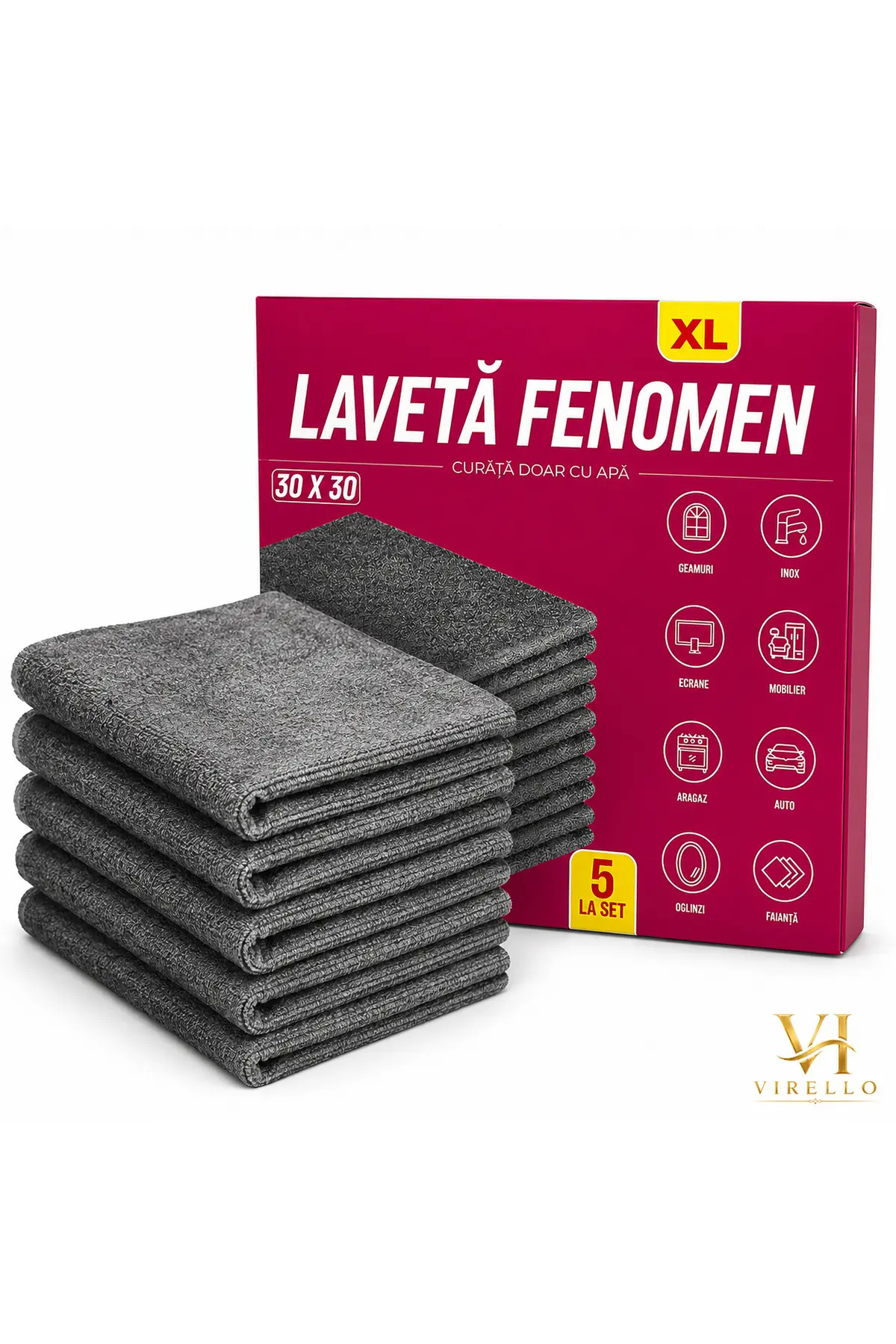 Set 5 lavete XL din microfibră, 30×30 cm, pentru geamuri, inox, ecrane, mobilier și auto