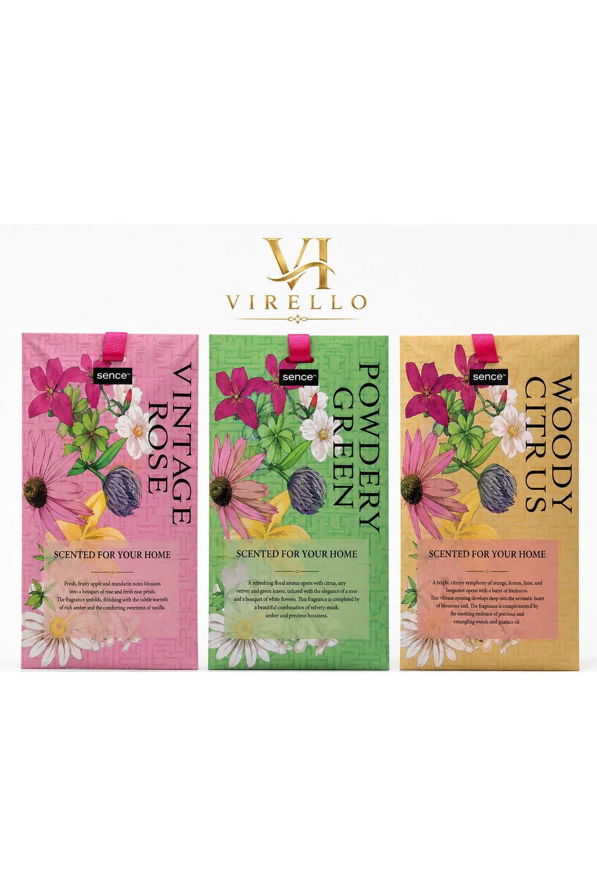 Set 3x10g odorizante parfumate pentru casă – Vintage Rose, Powdery Green, Woody Citrus