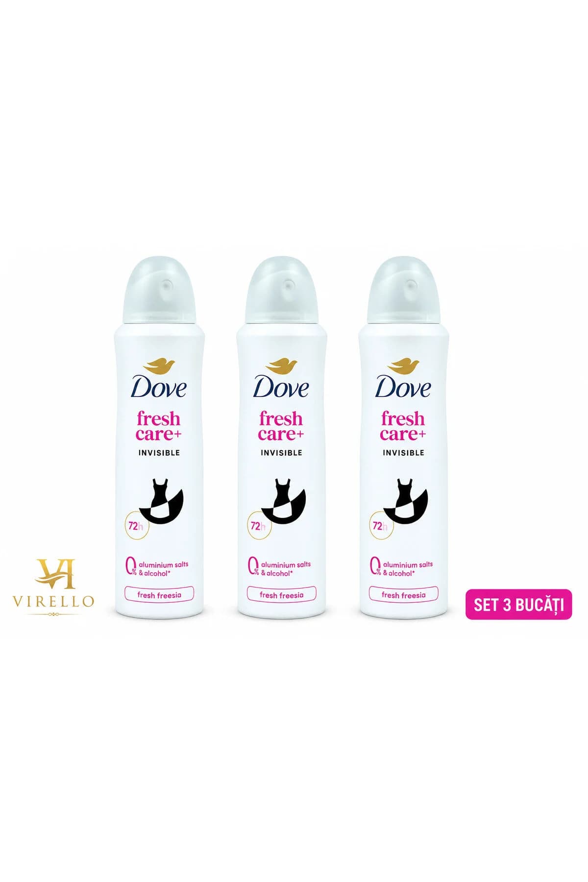 Set 3 x Deodorant Spray Fresh Care+ Invisible Fresh Freesia, 150 ml, Protecție 72h, 0% Suduri de Aluminiu și Alcool