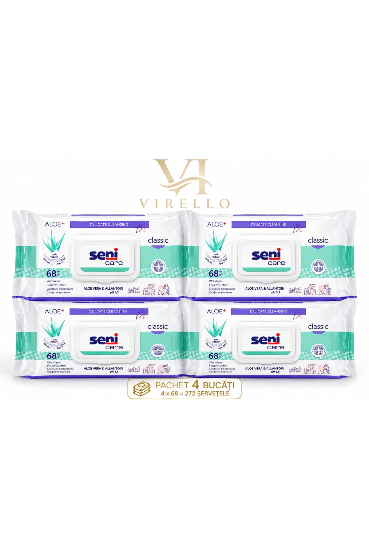 Set 4 Pachete Șervețele Umede Care Classic cu Aloe Vera și Alantoină, 68 buc/pachet – 272 Șervețele