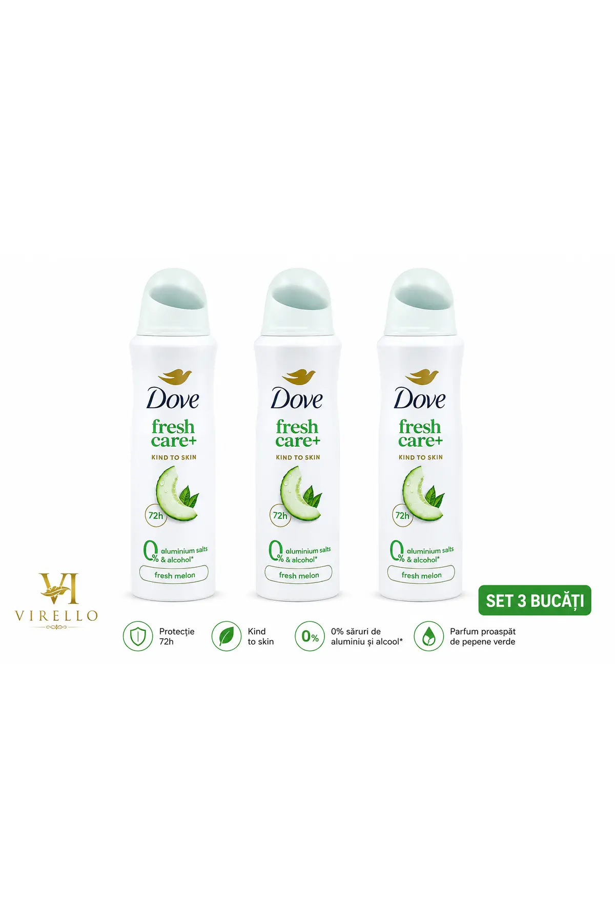 Set 3 x Deodorant Spray Fresh Care+ Delicat cu Pielea Pepene Proaspăt, 150 ml, Protecție 72h, 0% Săruri de Aluminiu și Alcool